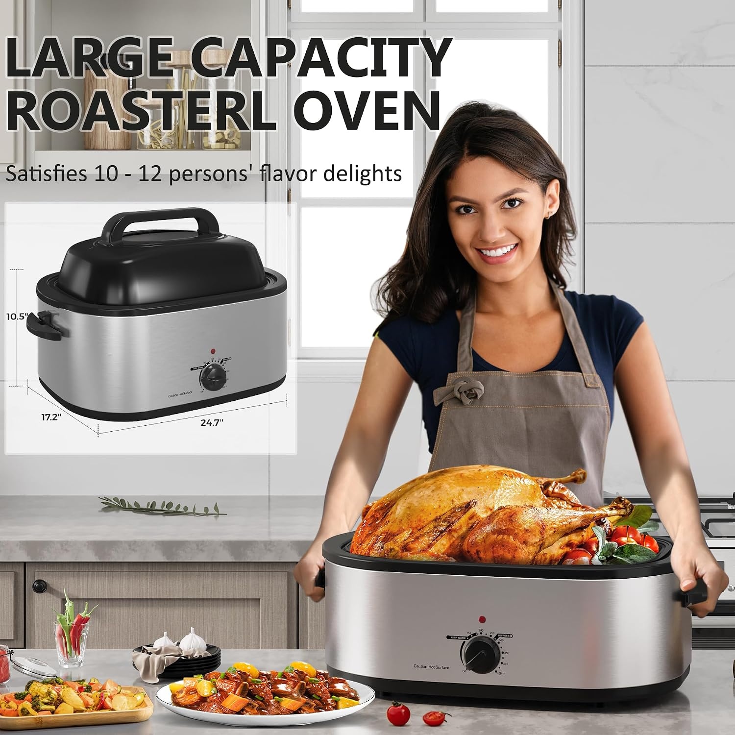 image:imageSUNVIVIPRO Roaster Oven 28 Quart Electric Turkey Roaster with SelfBasting Lid Removable Pan amp Rack Variable Temp Control Stainless Steel GreySilver