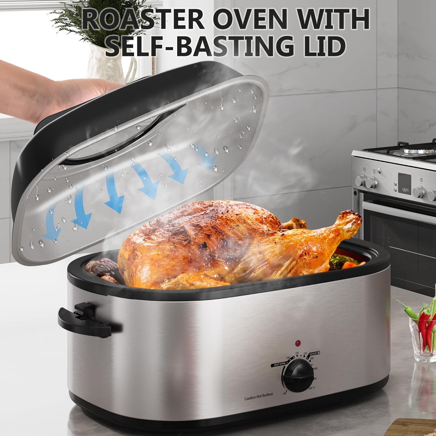 image:imageSUNVIVIPRO Roaster Oven 28 Quart Electric Turkey Roaster with SelfBasting Lid Removable Pan amp Rack Variable Temp Control Stainless Steel GreySilver