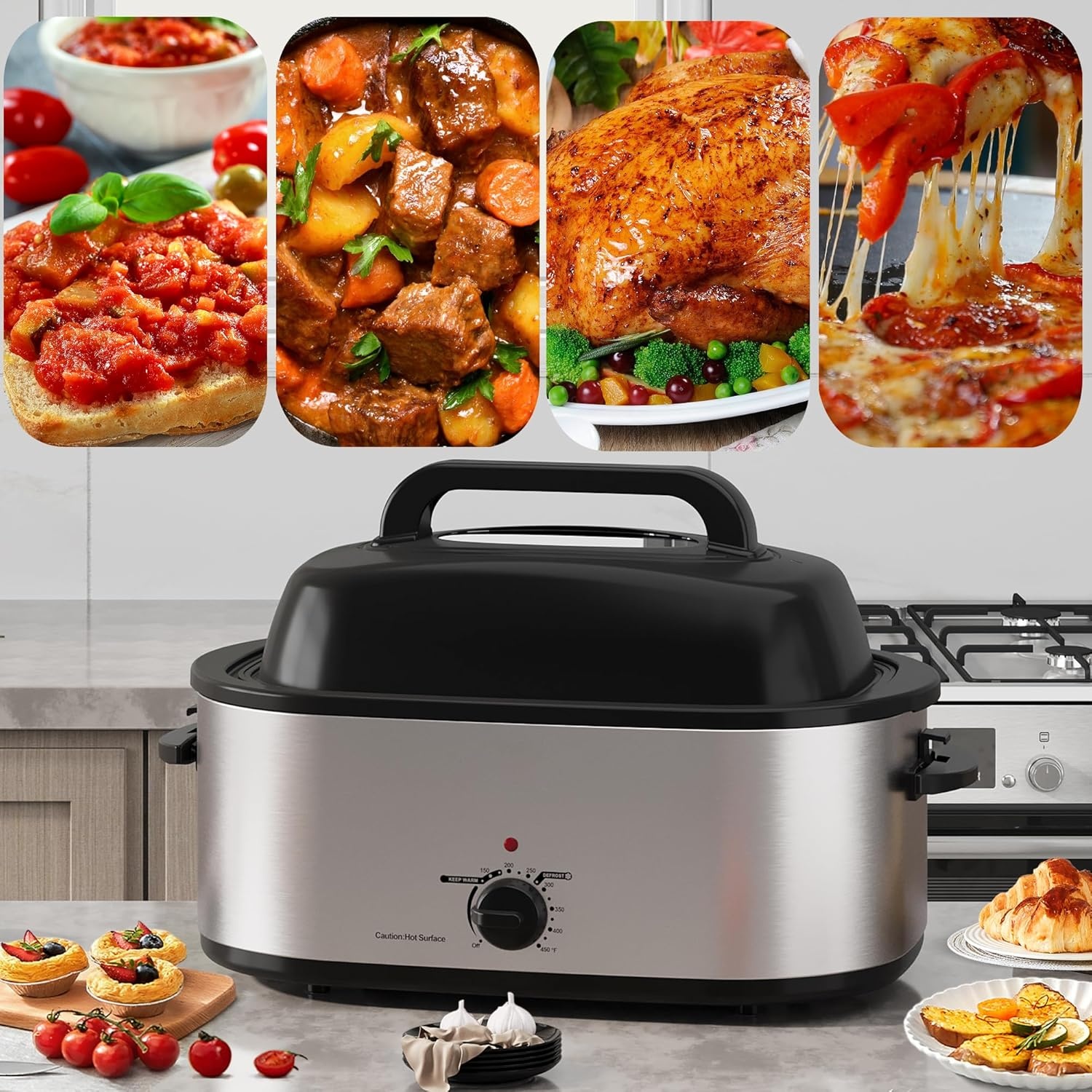 image:imageSUNVIVIPRO Roaster Oven 28 Quart Electric Turkey Roaster with SelfBasting Lid Removable Pan amp Rack Variable Temp Control Stainless Steel GreySilver