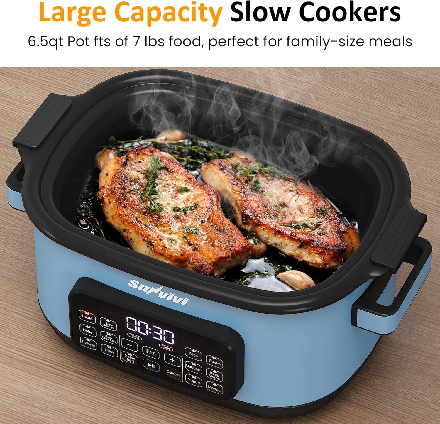 image:imageSunvivi 12in1 Multi Cooker 65QT Programmable Slow Cooker with Timer amp Temp Control Auto Warm Setting Delay Start Dishwasher Safe Lid amp Removable Nonstick Crock Stainless Steel Rack SliverBlue