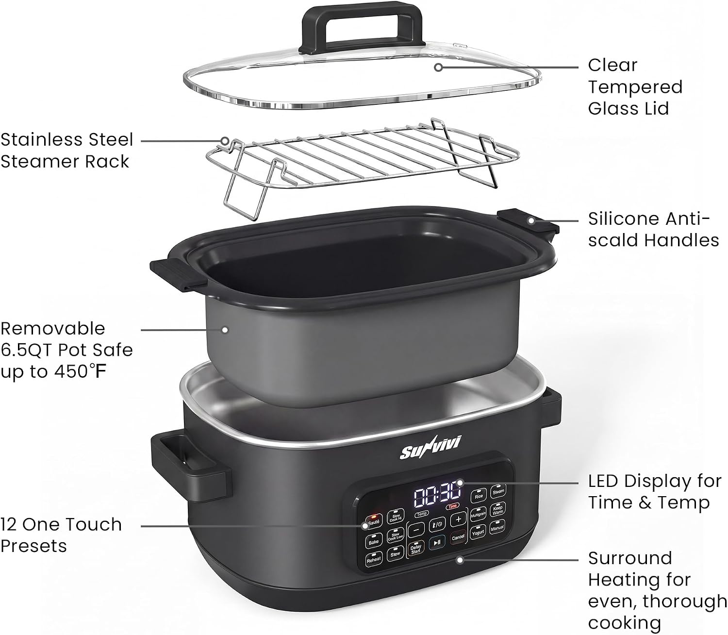 image:imageSunvivi 12in1 Multi Cooker 65QT Programmable Slow Cooker with Timer amp Temp Control Auto Warm Setting Delay Start Dishwasher Safe Lid amp Removable Nonstick Crock Stainless Steel Rack SliverBlack