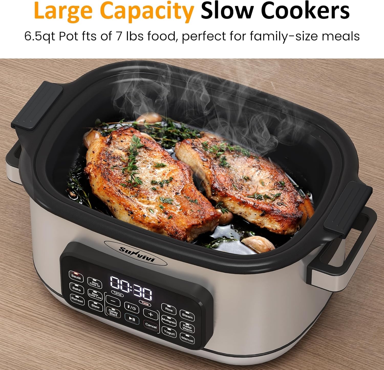 image:imageSunvivi 12in1 Multi Cooker 65QT Programmable Slow Cooker with Timer amp Temp Control Auto Warm Setting Delay Start Dishwasher Safe Lid amp Removable Nonstick Crock Stainless Steel Rack SliverSilver