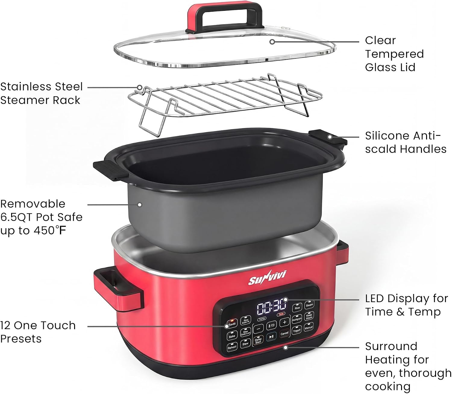 image:imageSunvivi 12in1 Multi Cooker 65QT Programmable Slow Cooker with Timer amp Temp Control Auto Warm Setting Delay Start Dishwasher Safe Lid amp Removable Nonstick Crock Stainless Steel Rack SliverRed
