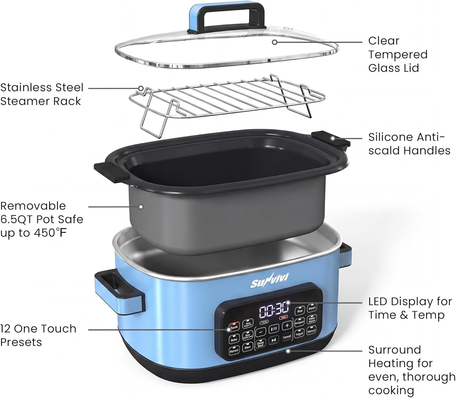 image:imageSunvivi 12in1 Multi Cooker 65QT Programmable Slow Cooker with Timer amp Temp Control Auto Warm Setting Delay Start Dishwasher Safe Lid amp Removable Nonstick Crock Stainless Steel Rack SliverBlue