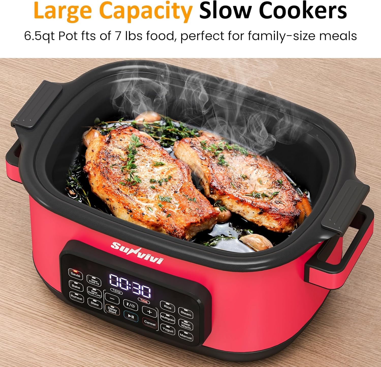 image:imageSunvivi 12in1 Multi Cooker 65QT Programmable Slow Cooker with Timer amp Temp Control Auto Warm Setting Delay Start Dishwasher Safe Lid amp Removable Nonstick Crock Stainless Steel Rack SliverRed