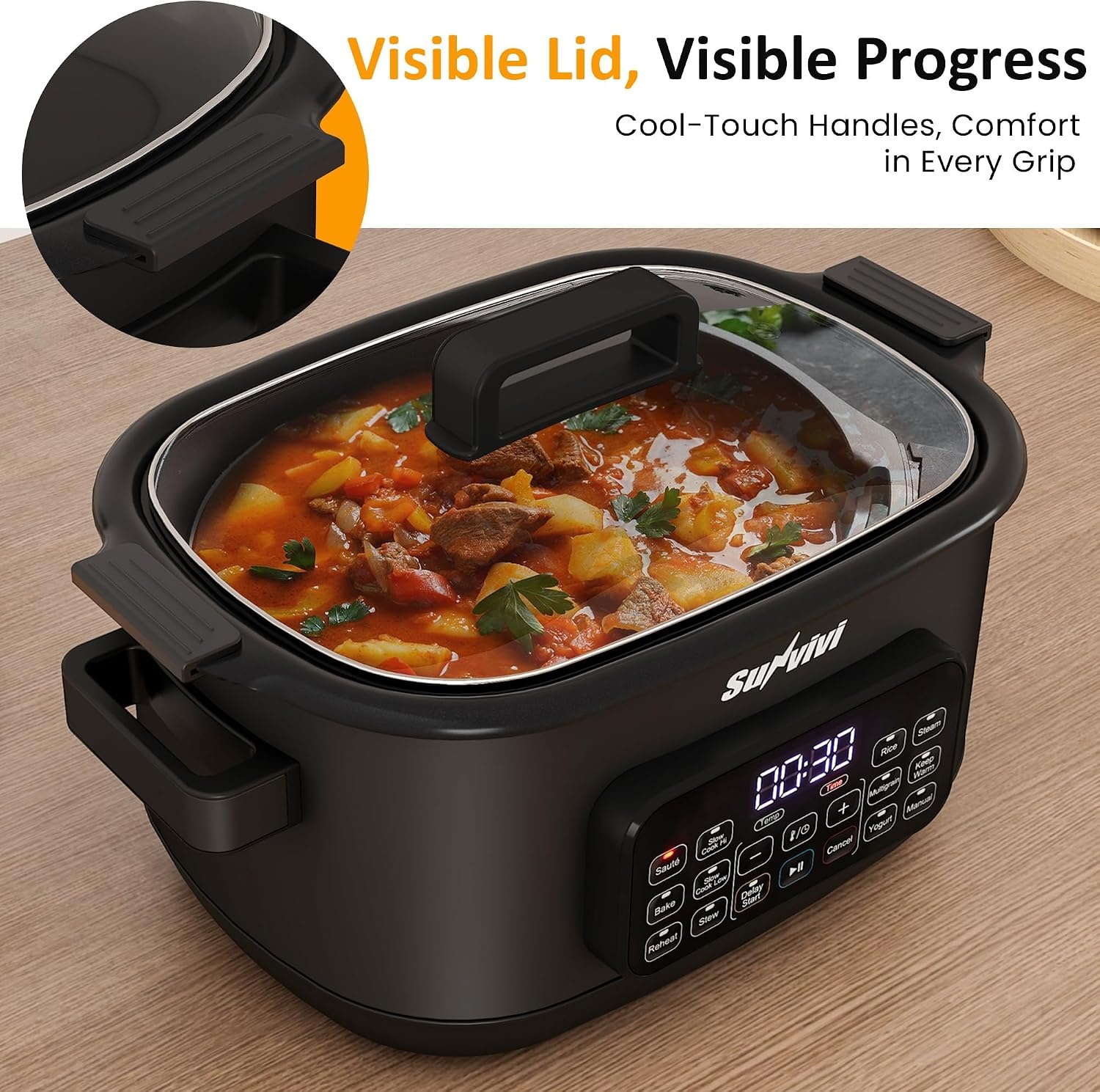 image:imageSunvivi 12in1 Multi Cooker 65QT Programmable Slow Cooker with Timer amp Temp Control Auto Warm Setting Delay Start Dishwasher Safe Lid amp Removable Nonstick Crock Stainless Steel Rack SliverBlack