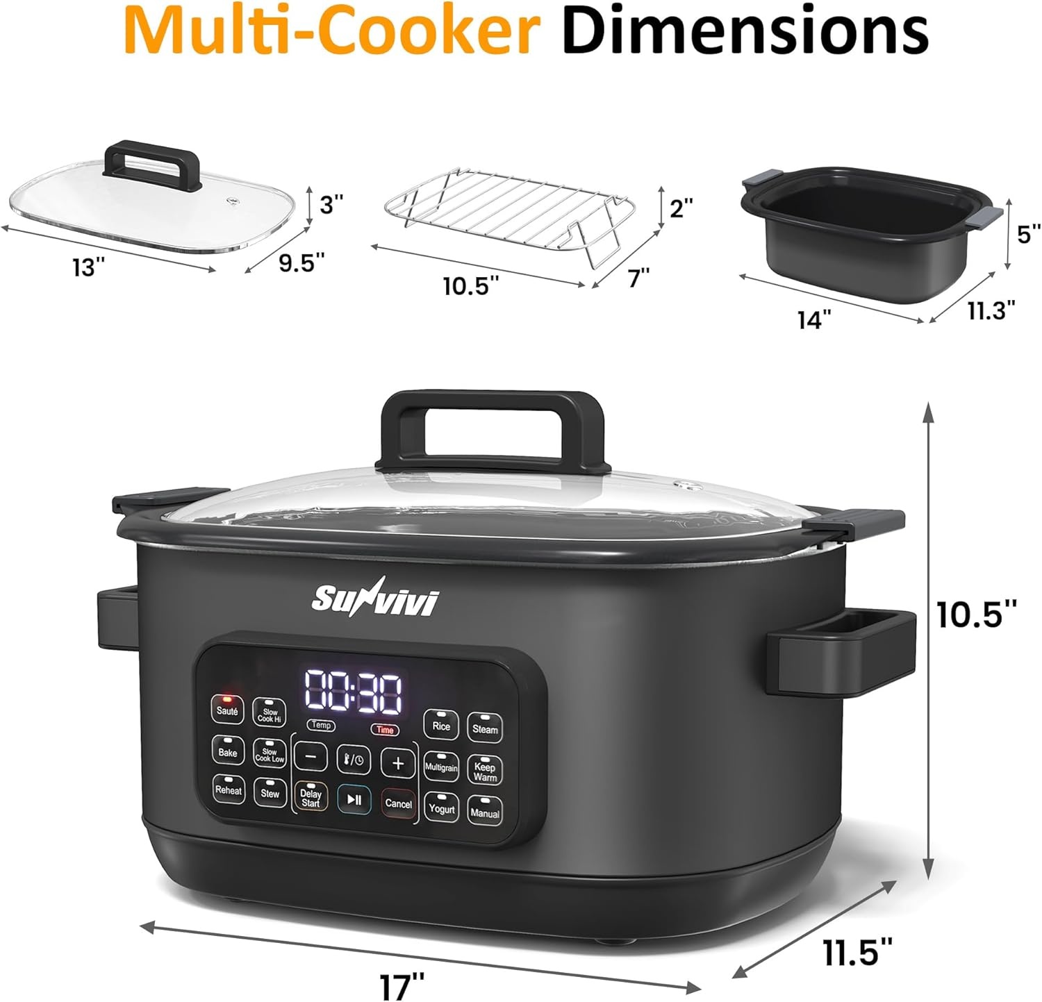image:imageSunvivi 12in1 Multi Cooker 65QT Programmable Slow Cooker with Timer amp Temp Control Auto Warm Setting Delay Start Dishwasher Safe Lid amp Removable Nonstick Crock Stainless Steel Rack SliverBlack
