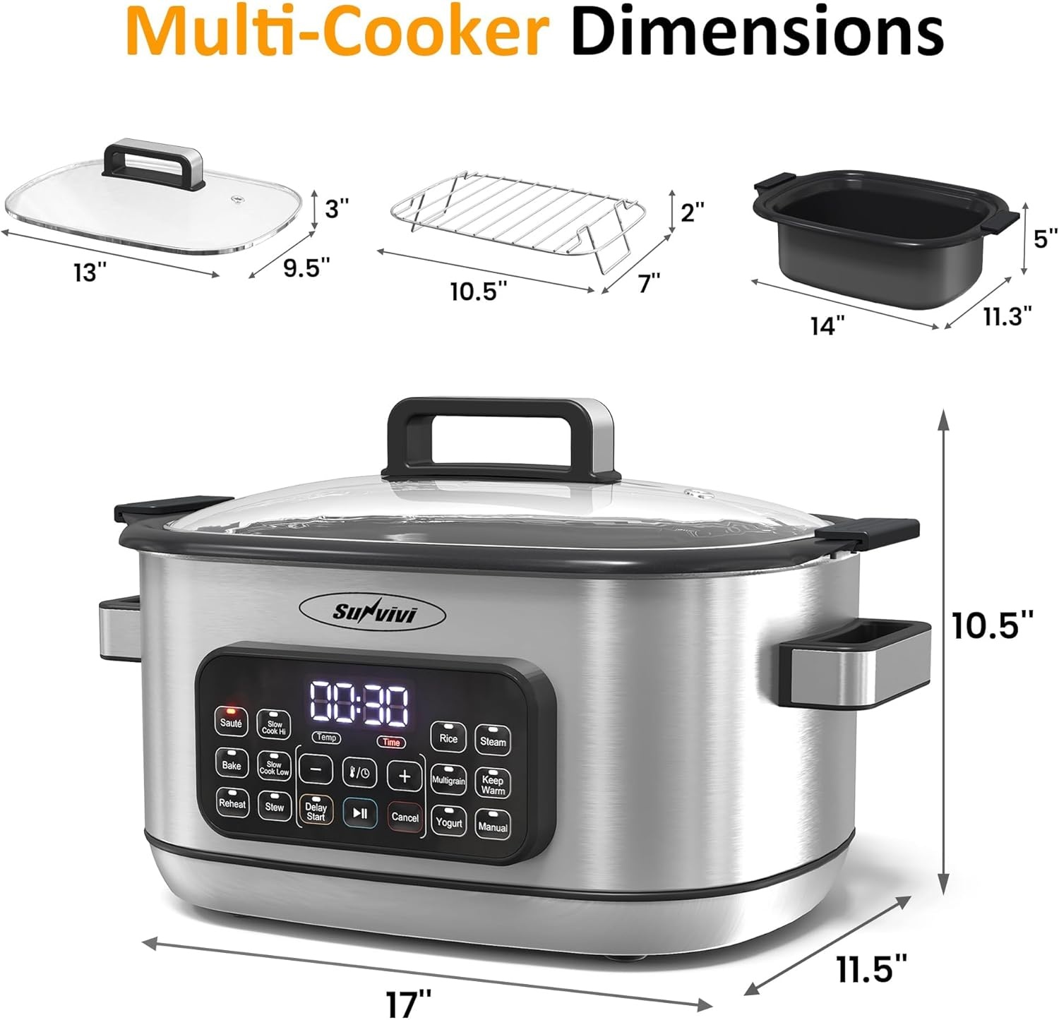 image:imageSunvivi 12in1 Multi Cooker 65QT Programmable Slow Cooker with Timer amp Temp Control Auto Warm Setting Delay Start Dishwasher Safe Lid amp Removable Nonstick Crock Stainless Steel Rack SliverSilver