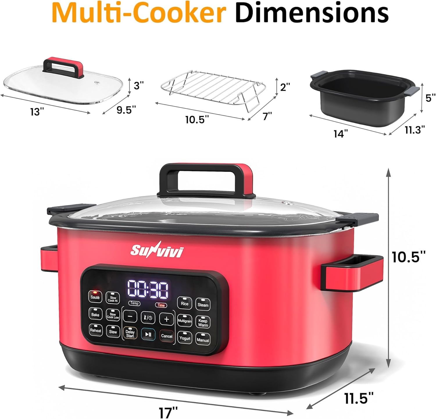 image:imageSunvivi 12in1 Multi Cooker 65QT Programmable Slow Cooker with Timer amp Temp Control Auto Warm Setting Delay Start Dishwasher Safe Lid amp Removable Nonstick Crock Stainless Steel Rack SliverRed
