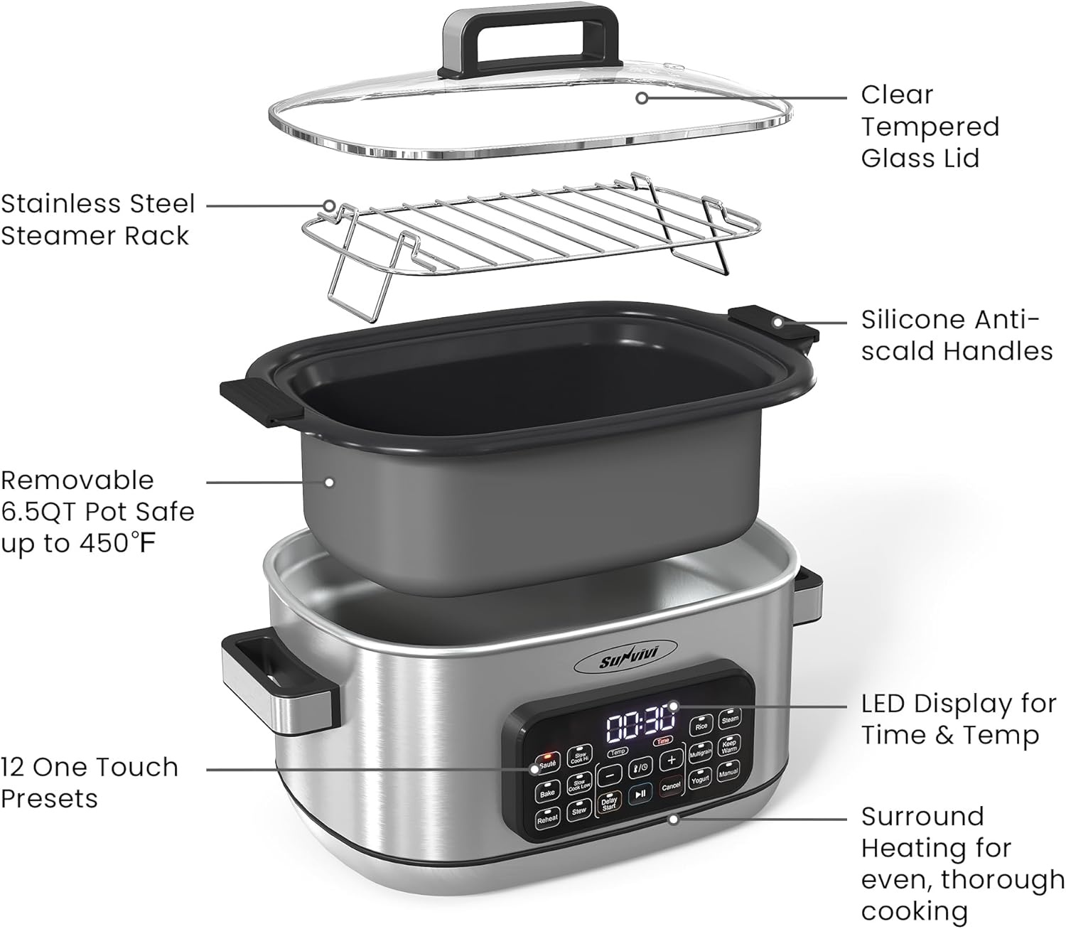 image:imageSunvivi 12in1 Multi Cooker 65QT Programmable Slow Cooker with Timer amp Temp Control Auto Warm Setting Delay Start Dishwasher Safe Lid amp Removable Nonstick Crock Stainless Steel Rack SliverSilver
