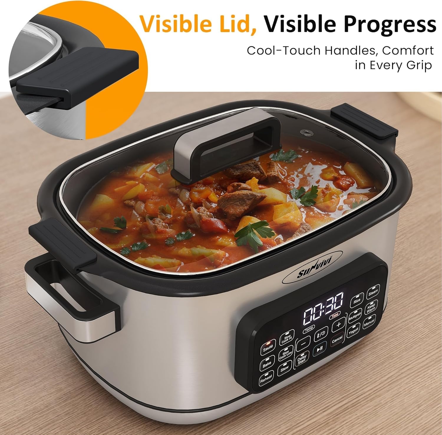 image:imageSunvivi 12in1 Multi Cooker 65QT Programmable Slow Cooker with Timer amp Temp Control Auto Warm Setting Delay Start Dishwasher Safe Lid amp Removable Nonstick Crock Stainless Steel Rack SliverSilver