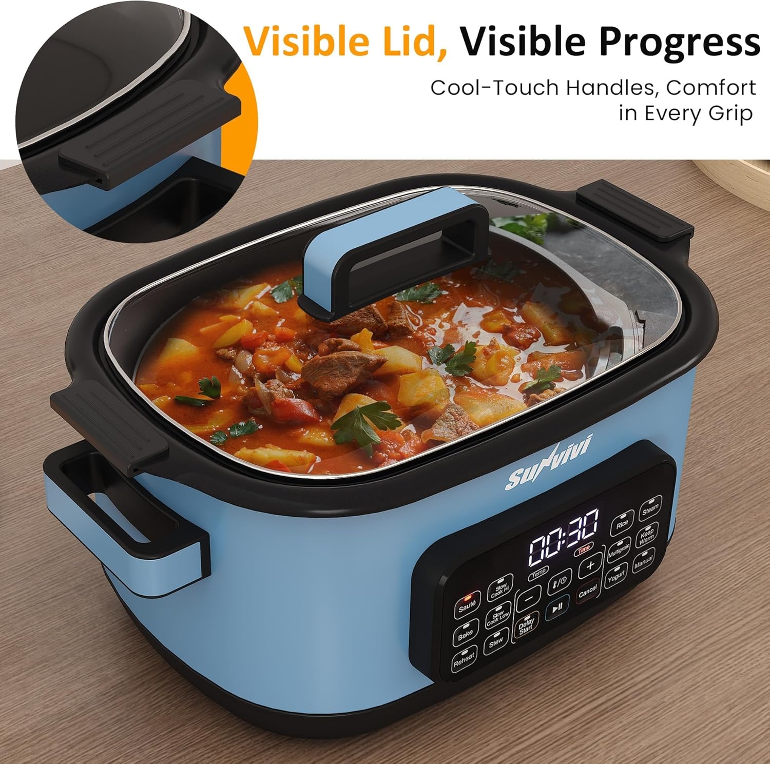 image:imageSunvivi 12in1 Multi Cooker 65QT Programmable Slow Cooker with Timer amp Temp Control Auto Warm Setting Delay Start Dishwasher Safe Lid amp Removable Nonstick Crock Stainless Steel Rack SliverBlue