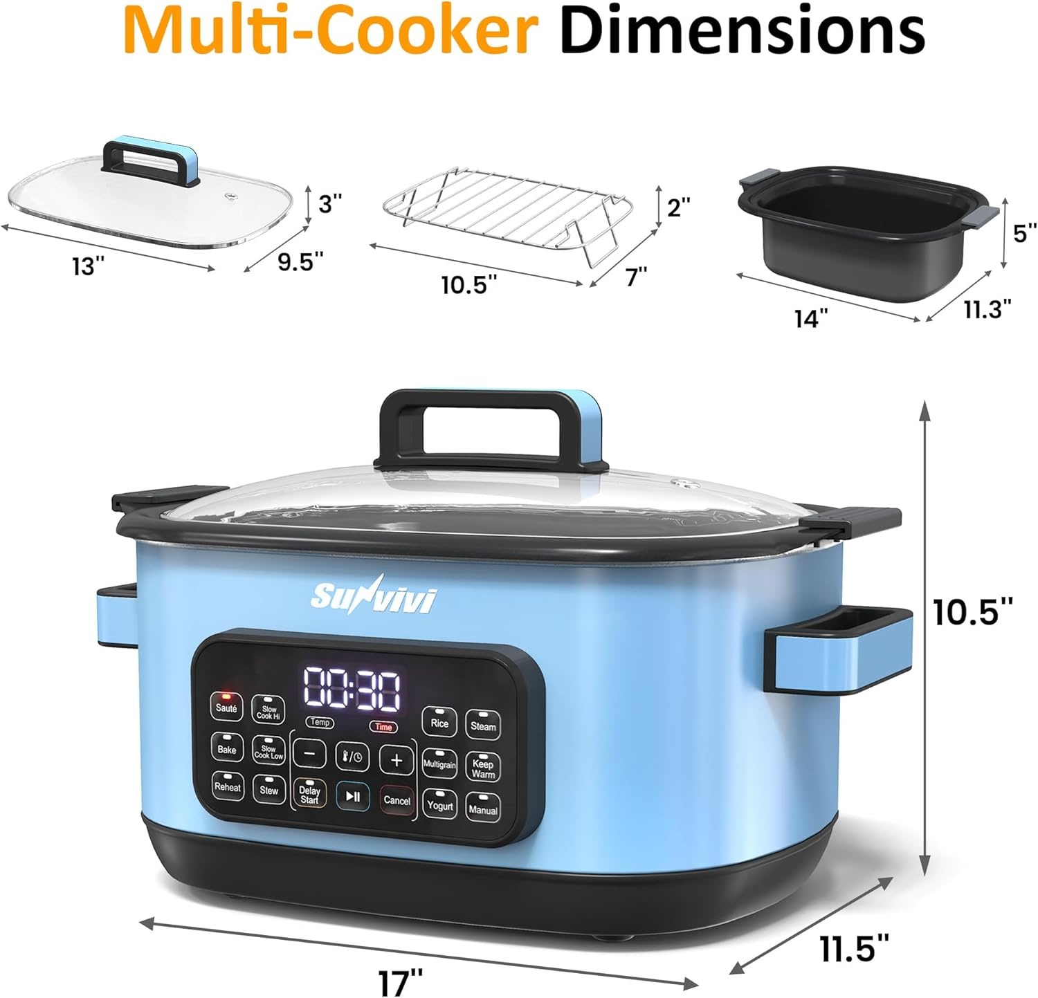 image:imageSunvivi 12in1 Multi Cooker 65QT Programmable Slow Cooker with Timer amp Temp Control Auto Warm Setting Delay Start Dishwasher Safe Lid amp Removable Nonstick Crock Stainless Steel Rack SliverBlue