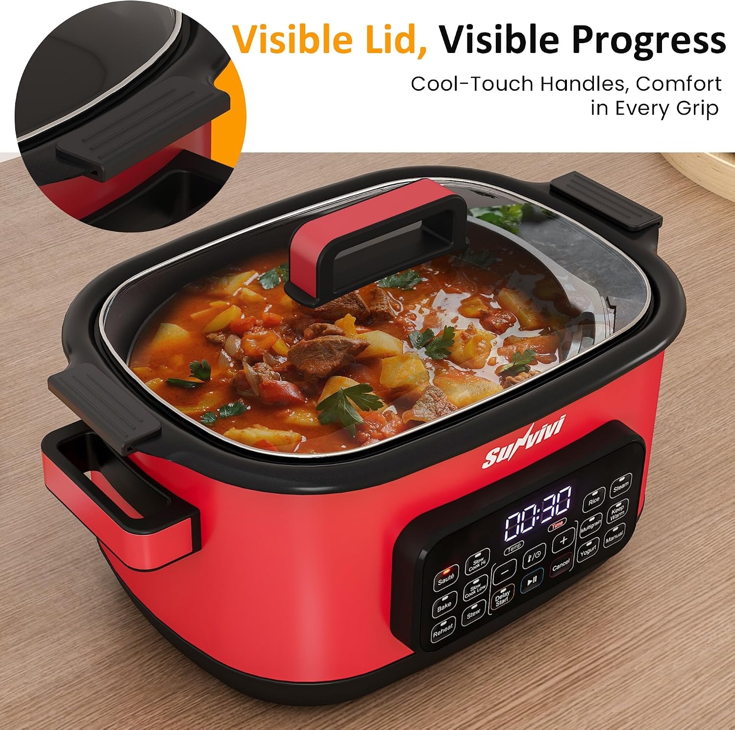 image:imageSunvivi 12in1 Multi Cooker 65QT Programmable Slow Cooker with Timer amp Temp Control Auto Warm Setting Delay Start Dishwasher Safe Lid amp Removable Nonstick Crock Stainless Steel Rack SliverRed