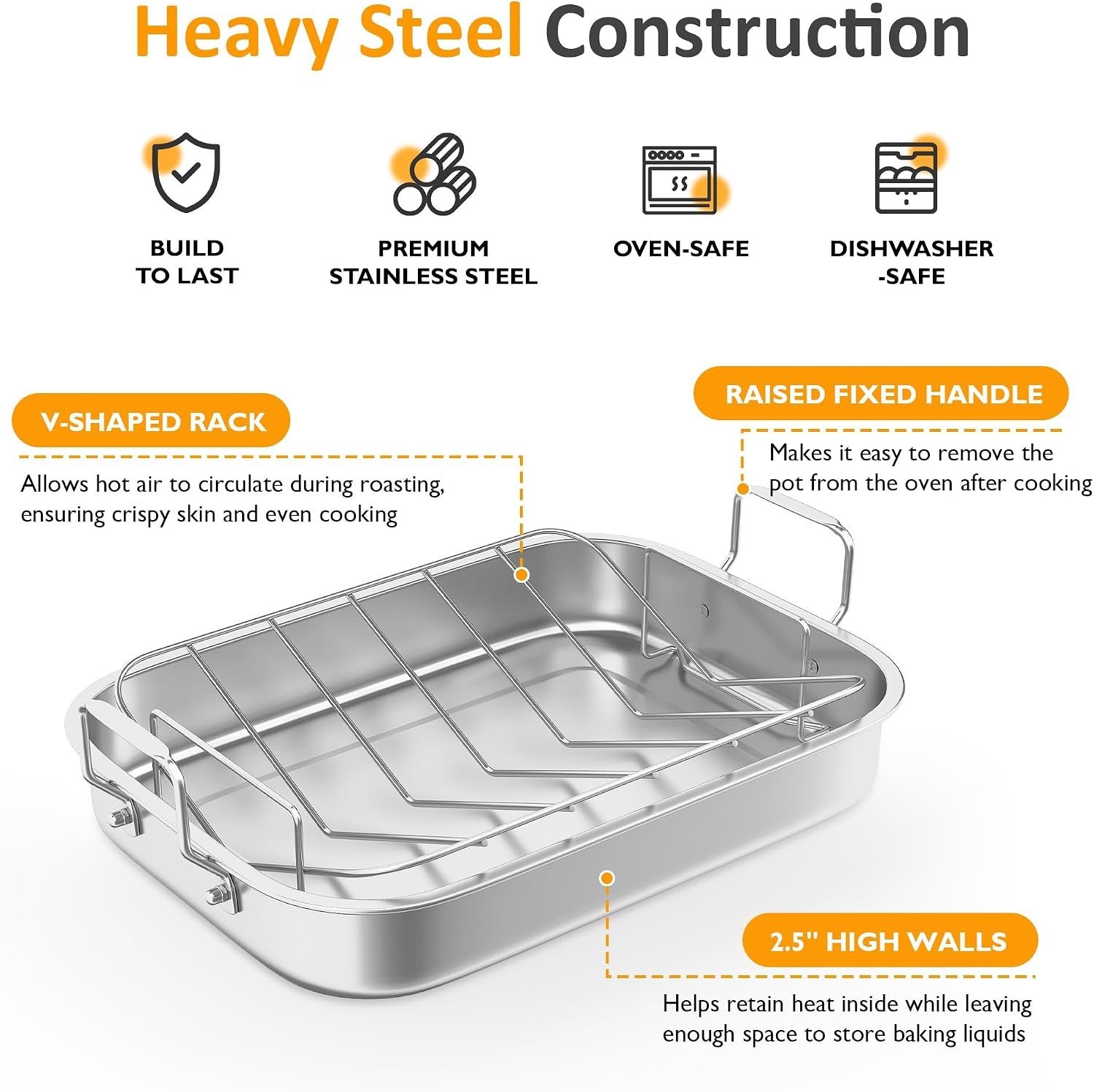 image:imageSunvivi 156 Roasting Pan with VShaped Rack Rectangular Lasagna Pan with Handle NonStick Stainless Steal Roaster for Turkey Chicken Vegetable Lasagna Heavy Duty amp Dishwasher Safe