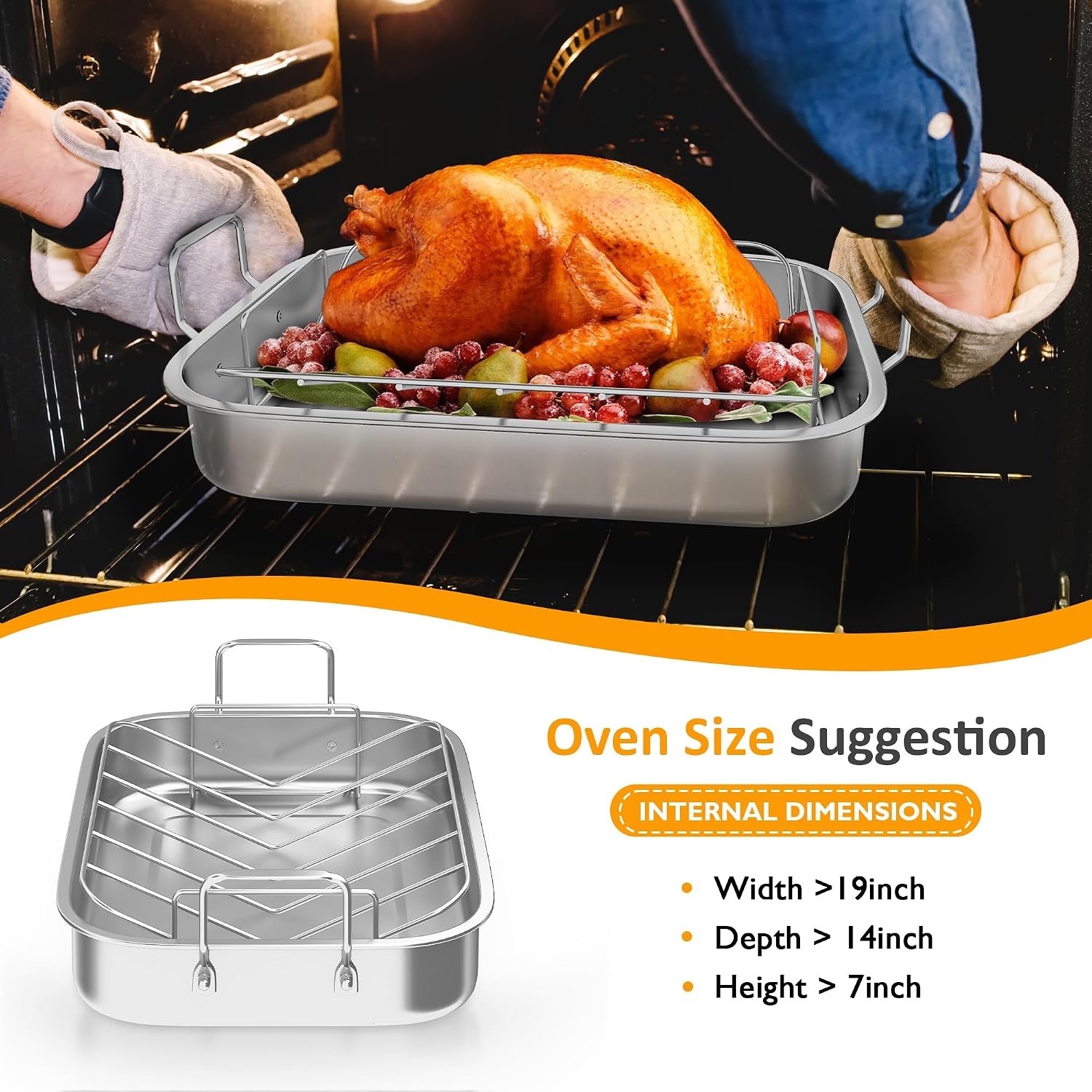 image:imageSunvivi 156 Roasting Pan with VShaped Rack Rectangular Lasagna Pan with Handle NonStick Stainless Steal Roaster for Turkey Chicken Vegetable Lasagna Heavy Duty amp Dishwasher Safe156