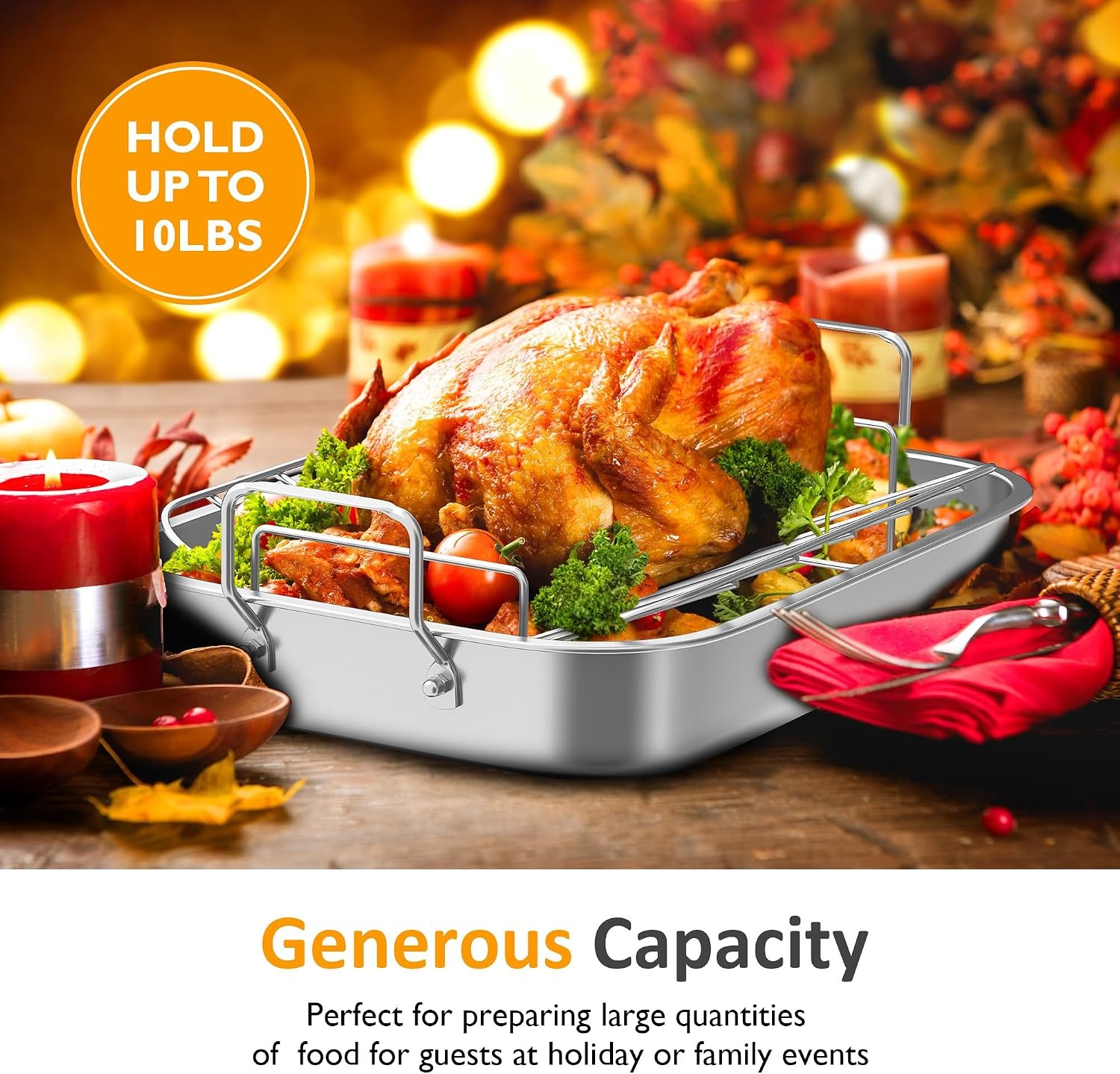 image:imageSunvivi 156 Roasting Pan with VShaped Rack Rectangular Lasagna Pan with Handle NonStick Stainless Steal Roaster for Turkey Chicken Vegetable Lasagna Heavy Duty amp Dishwasher Safe156