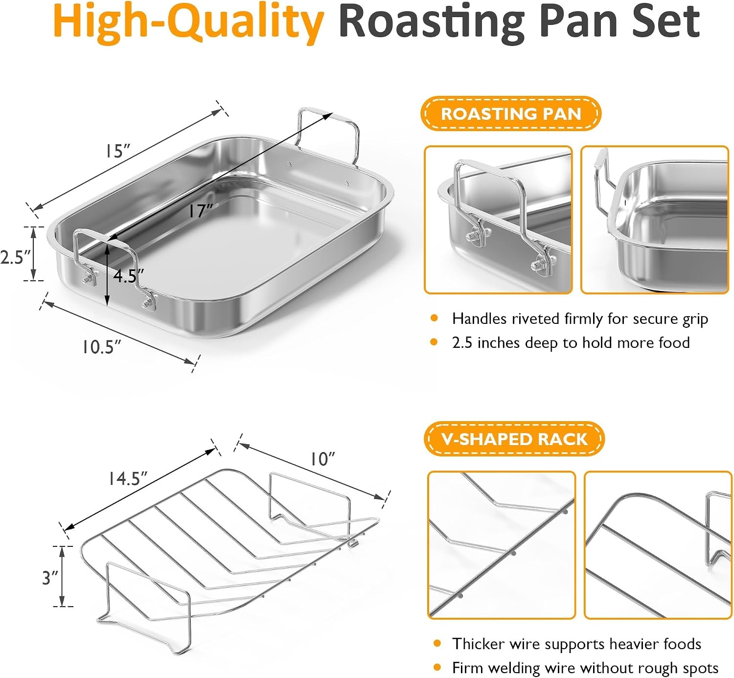 image:imageSunvivi 156 Roasting Pan with VShaped Rack Rectangular Lasagna Pan with Handle NonStick Stainless Steal Roaster for Turkey Chicken Vegetable Lasagna Heavy Duty amp Dishwasher Safe156
