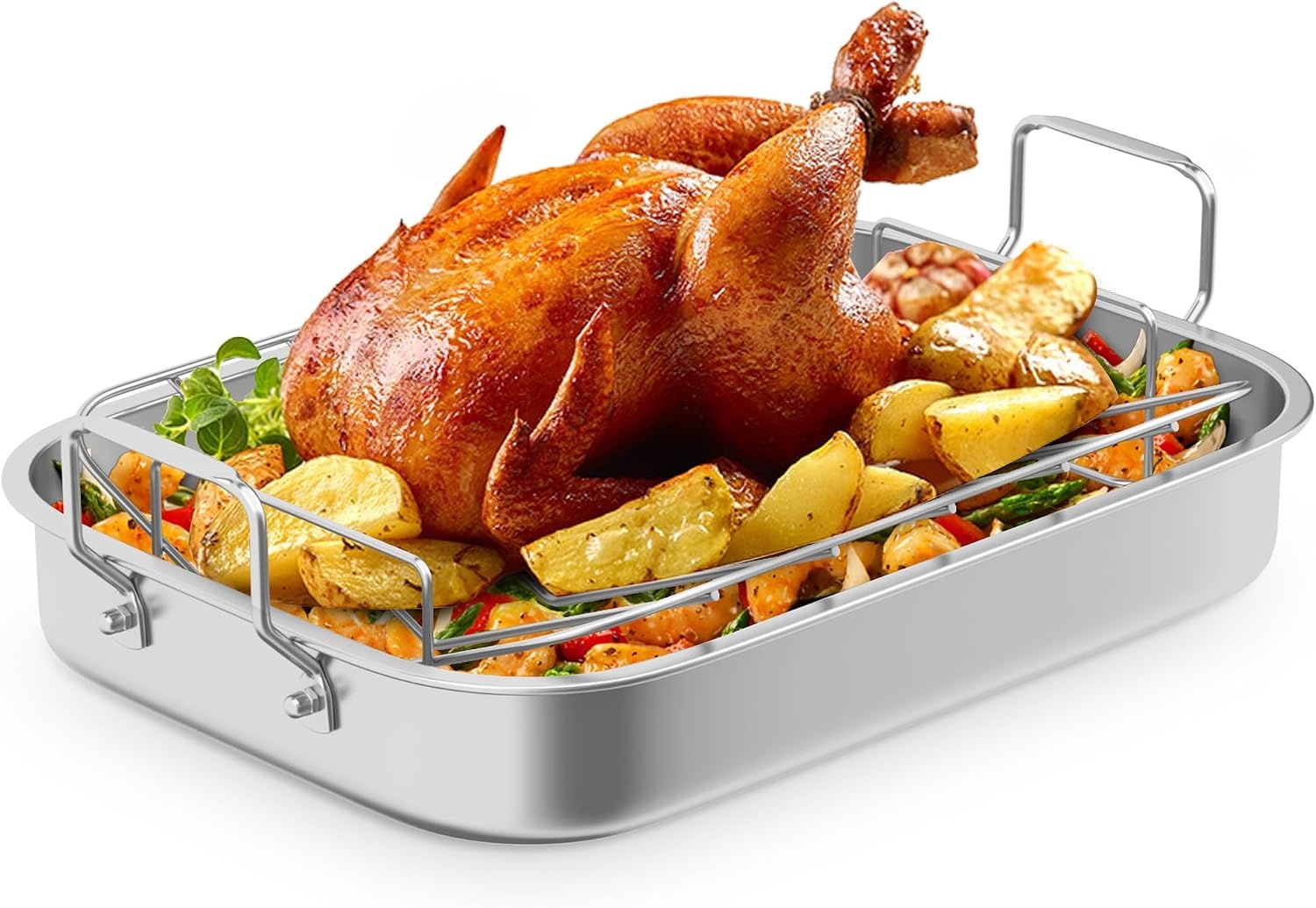 image:imageSunvivi 156 Roasting Pan with VShaped Rack Rectangular Lasagna Pan with Handle NonStick Stainless Steal Roaster for Turkey Chicken Vegetable Lasagna Heavy Duty amp Dishwasher Safe
