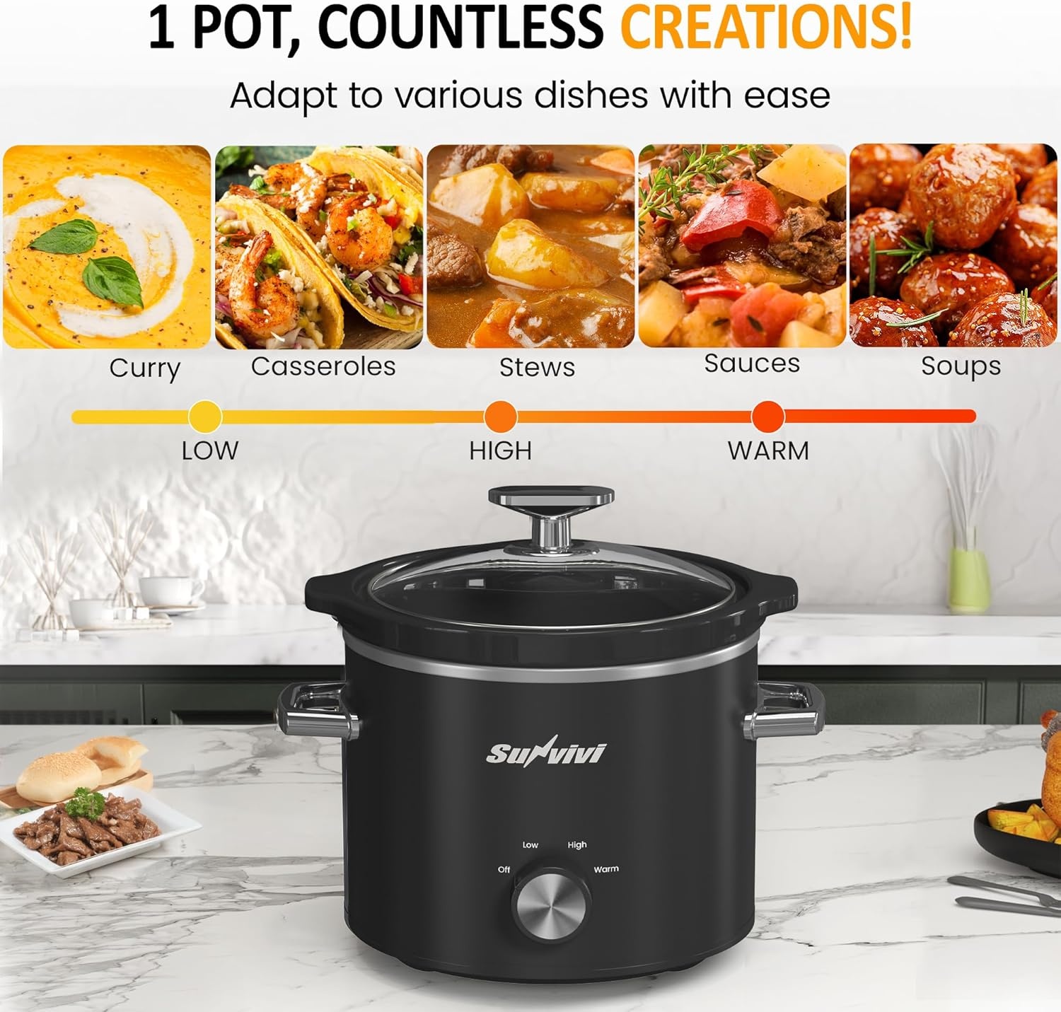 image:imageSunvivi 2 Quart Slow Cooker Small Slow Cooker with Removable Ceramic Pot Slow Cookers Food Warmer with 3 Heating Settings amp Dishwasher Safe Glass Lid GreyBlack