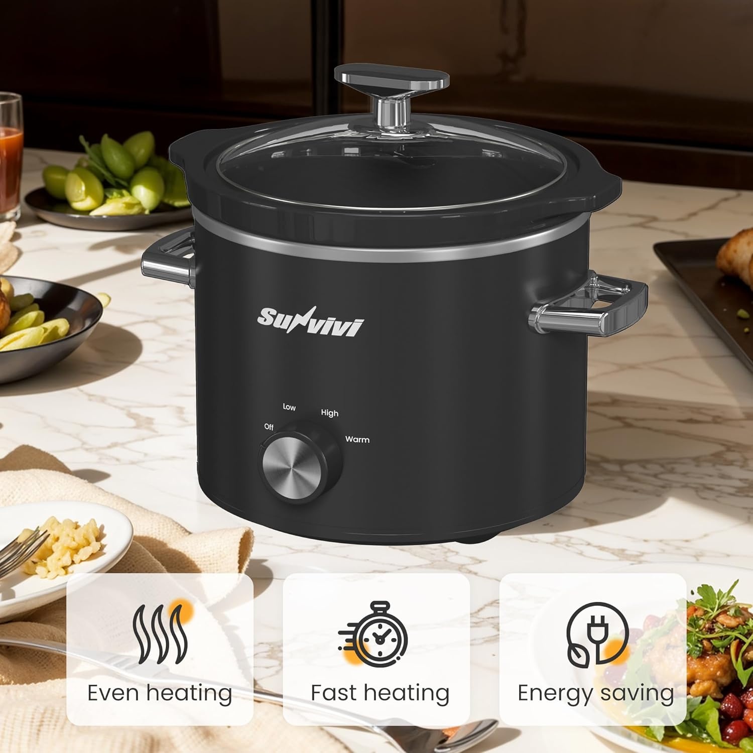 image:imageSunvivi 2 Quart Slow Cooker Small Slow Cooker with Removable Ceramic Pot Slow Cookers Food Warmer with 3 Heating Settings amp Dishwasher Safe Glass Lid GreyBlack
