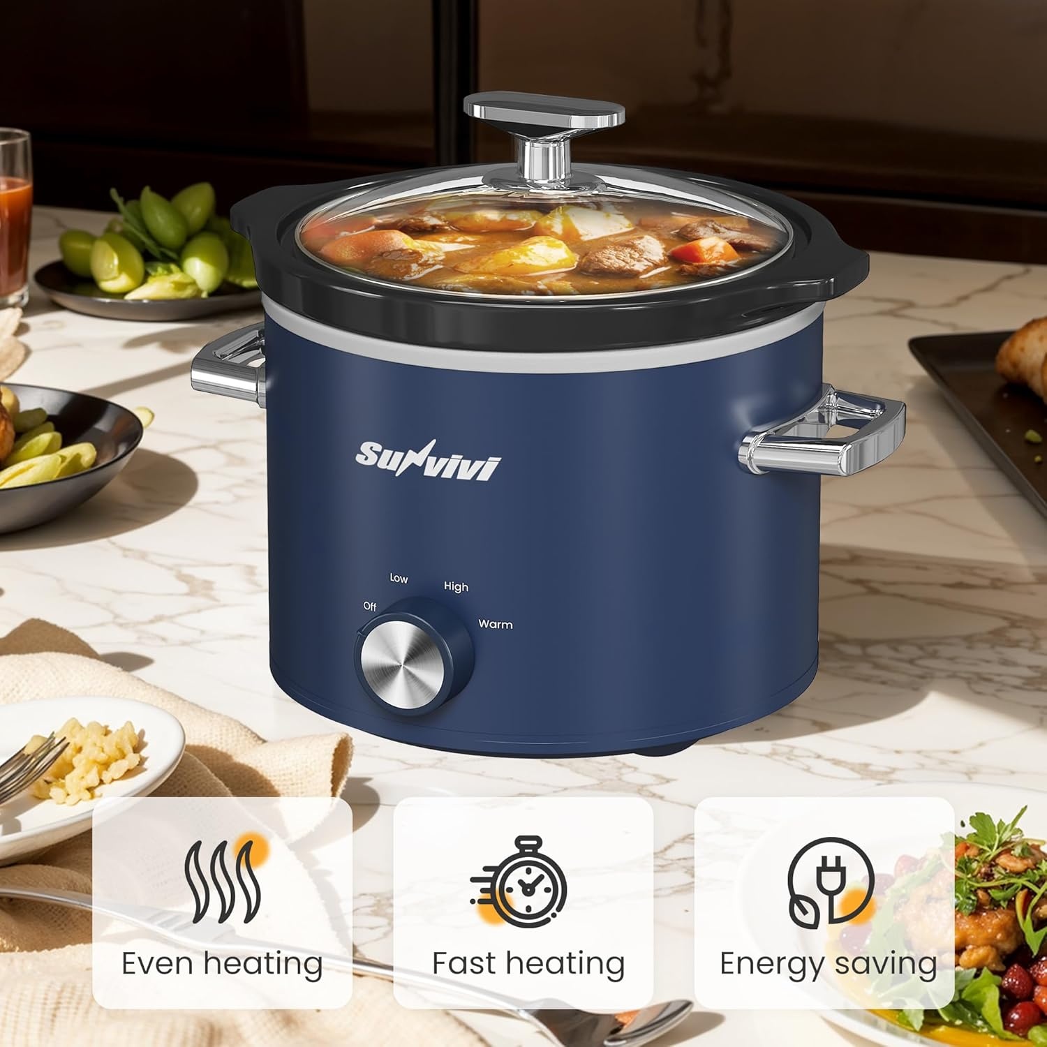 image:imageSunvivi 2 Quart Slow Cooker Small Slow Cooker with Removable Ceramic Pot Slow Cookers Food Warmer with 3 Heating Settings amp Dishwasher Safe Glass Lid GreyBlue