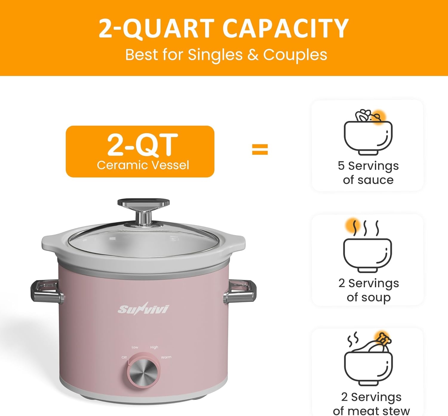 image:imageSunvivi 2 Quart Slow Cooker Small Slow Cooker with Removable Ceramic Pot Slow Cookers Food Warmer with 3 Heating Settings amp Dishwasher Safe Glass Lid GreyPink