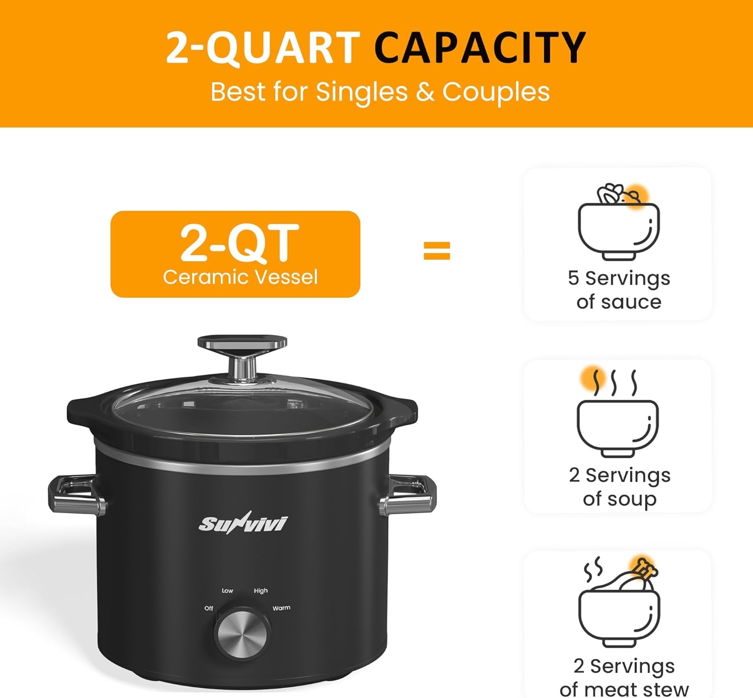 image:imageSunvivi 2 Quart Slow Cooker Small Slow Cooker with Removable Ceramic Pot Slow Cookers Food Warmer with 3 Heating Settings amp Dishwasher Safe Glass Lid GreyBlack
