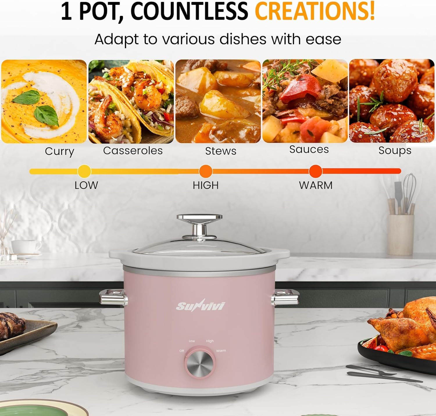 image:imageSunvivi 2 Quart Slow Cooker Small Slow Cooker with Removable Ceramic Pot Slow Cookers Food Warmer with 3 Heating Settings amp Dishwasher Safe Glass Lid GreyPink