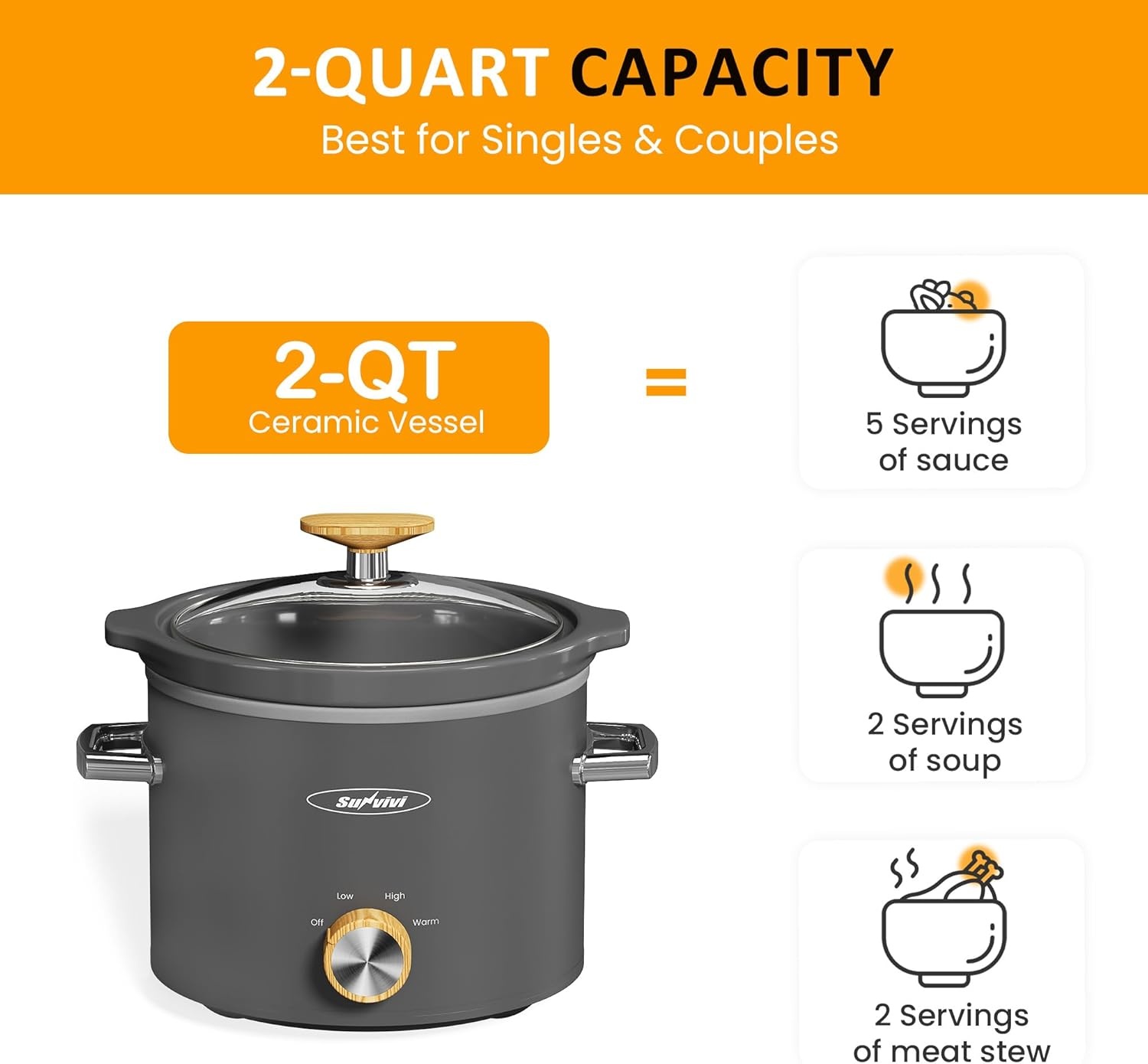 image:imageSunvivi 2 Quart Slow Cooker Small Slow Cooker with Removable Ceramic Pot Slow Cookers Food Warmer with 3 Heating Settings amp Dishwasher Safe Glass Lid GreyGrey
