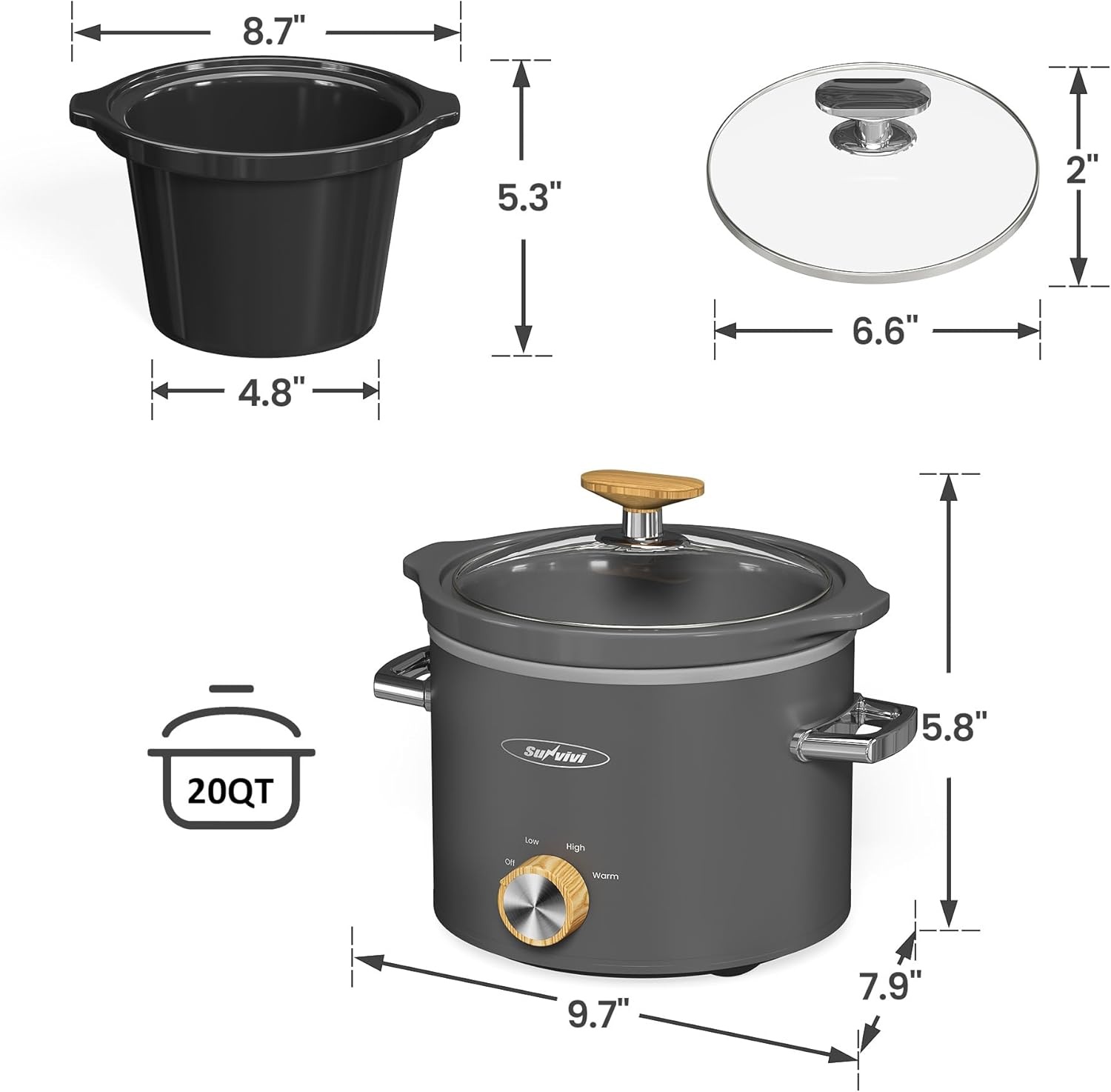 image:imageSunvivi 2 Quart Slow Cooker Small Slow Cooker with Removable Ceramic Pot Slow Cookers Food Warmer with 3 Heating Settings amp Dishwasher Safe Glass Lid GreyGrey