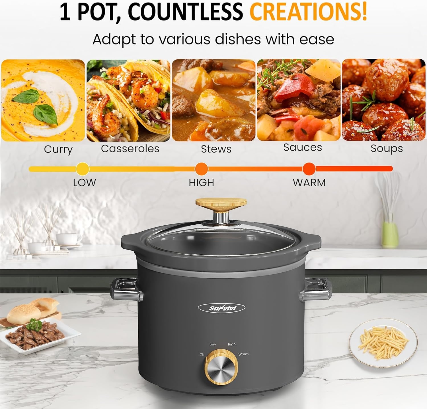 image:imageSunvivi 2 Quart Slow Cooker Small Slow Cooker with Removable Ceramic Pot Slow Cookers Food Warmer with 3 Heating Settings amp Dishwasher Safe Glass Lid GreyGrey