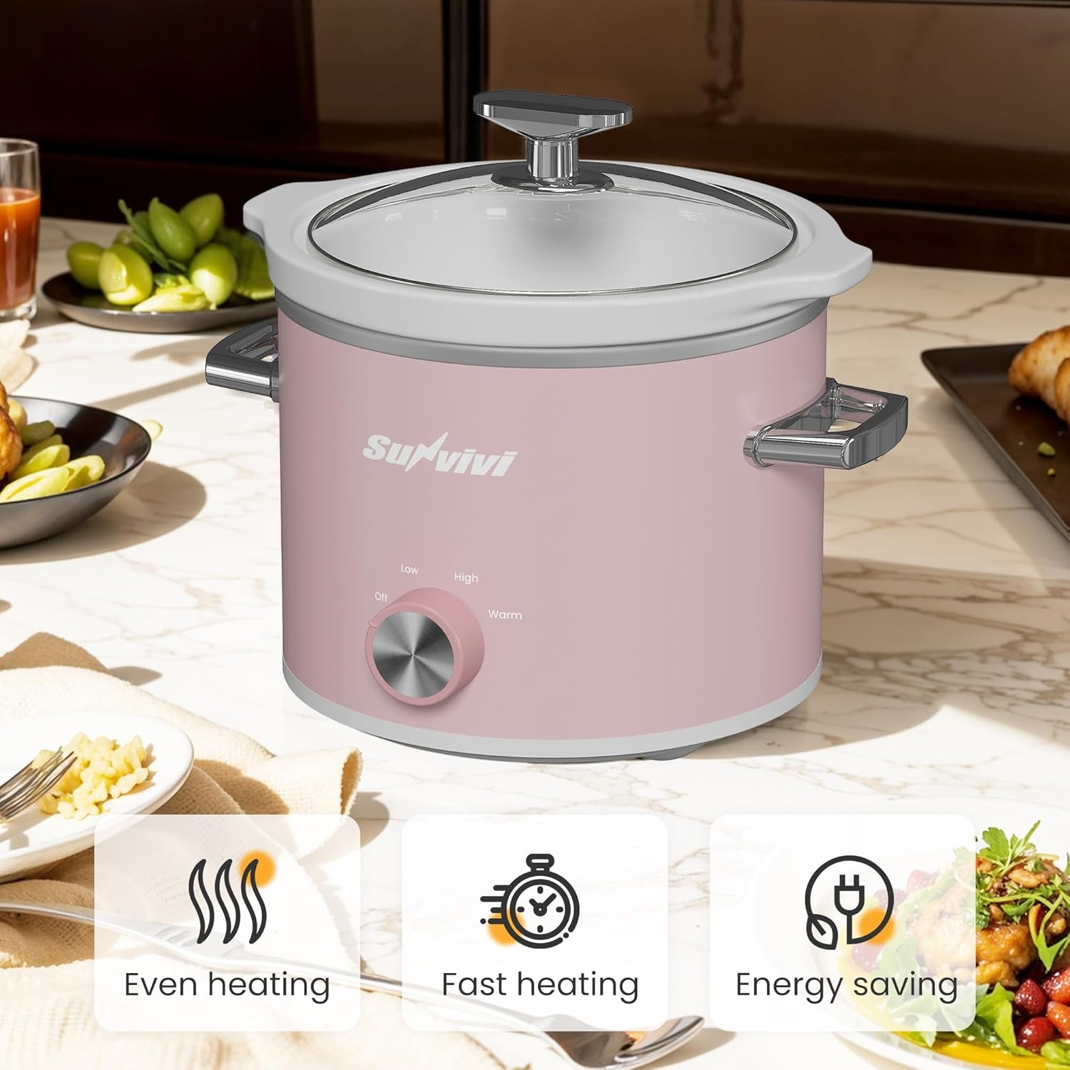 image:imageSunvivi 2 Quart Slow Cooker Small Slow Cooker with Removable Ceramic Pot Slow Cookers Food Warmer with 3 Heating Settings amp Dishwasher Safe Glass Lid GreyPink
