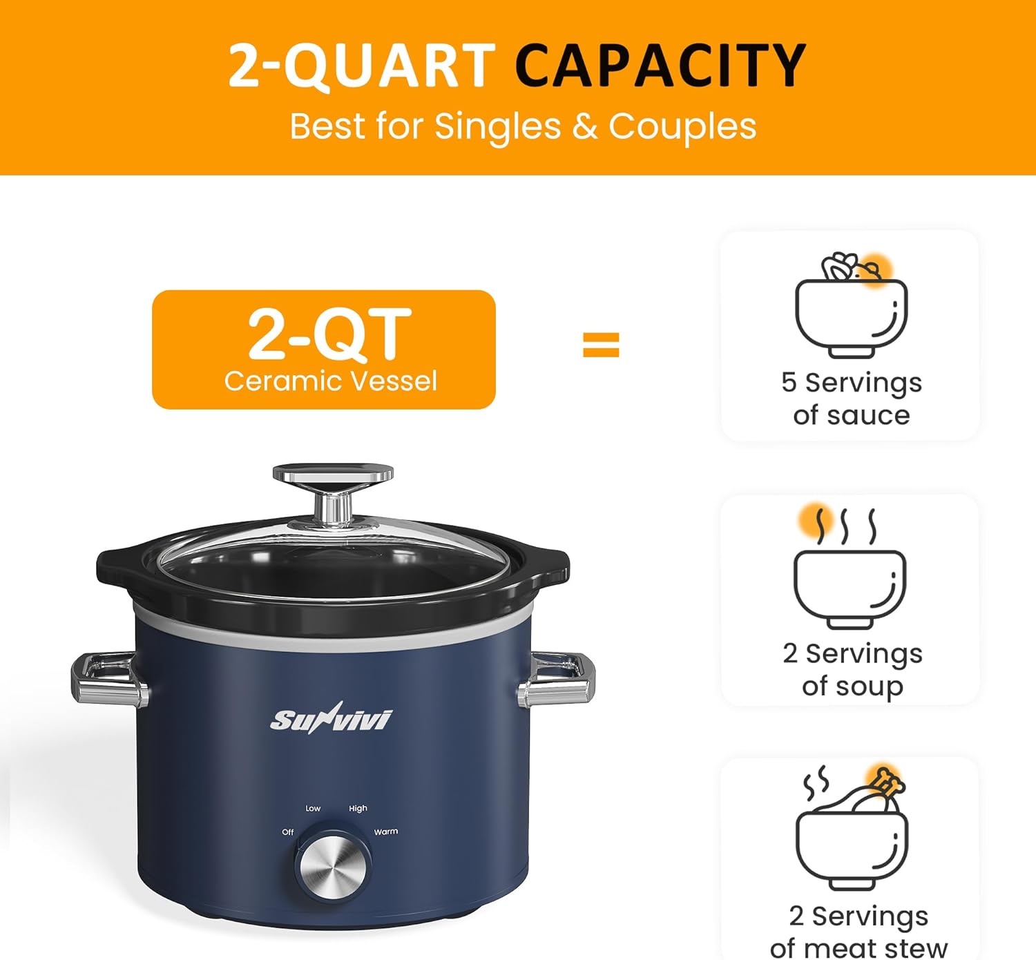 image:imageSunvivi 2 Quart Slow Cooker Small Slow Cooker with Removable Ceramic Pot Slow Cookers Food Warmer with 3 Heating Settings amp Dishwasher Safe Glass Lid GreyBlue