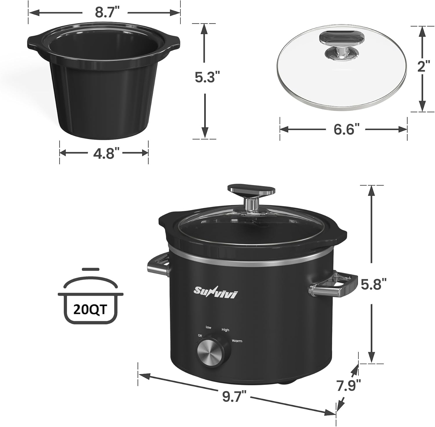 image:imageSunvivi 2 Quart Slow Cooker Small Slow Cooker with Removable Ceramic Pot Slow Cookers Food Warmer with 3 Heating Settings amp Dishwasher Safe Glass Lid GreyBlack