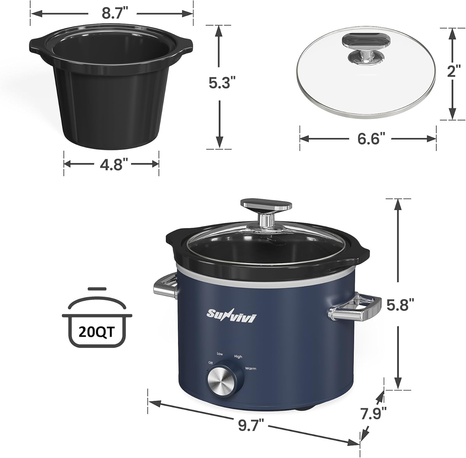image:imageSunvivi 2 Quart Slow Cooker Small Slow Cooker with Removable Ceramic Pot Slow Cookers Food Warmer with 3 Heating Settings amp Dishwasher Safe Glass Lid GreyBlue