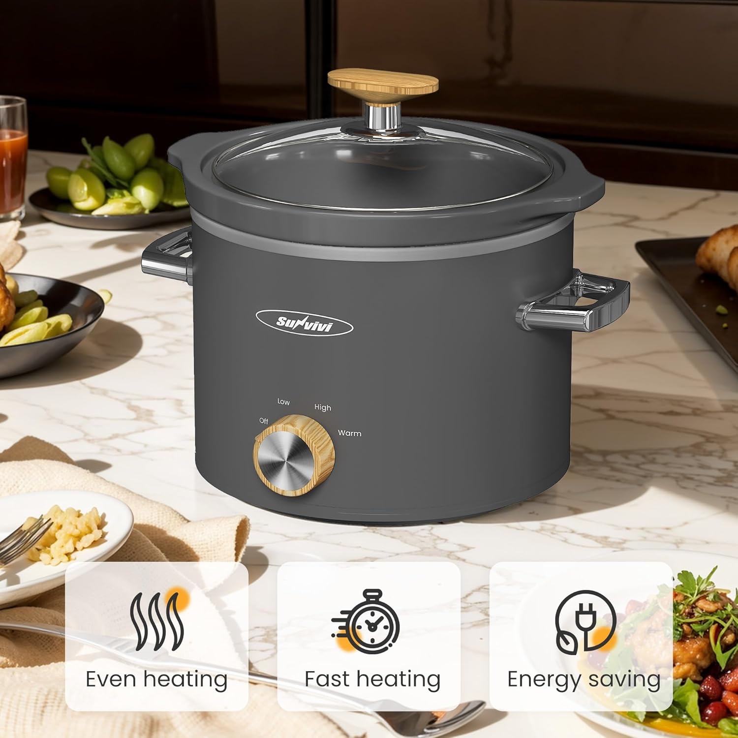 image:imageSunvivi 2 Quart Slow Cooker Small Slow Cooker with Removable Ceramic Pot Slow Cookers Food Warmer with 3 Heating Settings amp Dishwasher Safe Glass Lid GreyGrey