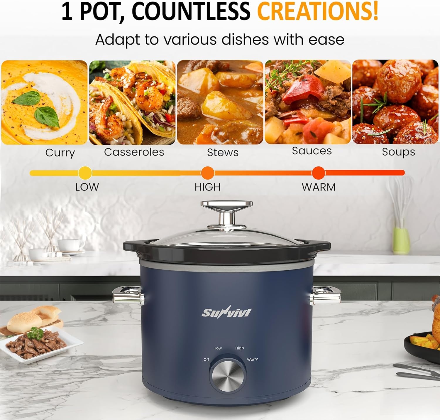 image:imageSunvivi 2 Quart Slow Cooker Small Slow Cooker with Removable Ceramic Pot Slow Cookers Food Warmer with 3 Heating Settings amp Dishwasher Safe Glass Lid GreyBlue