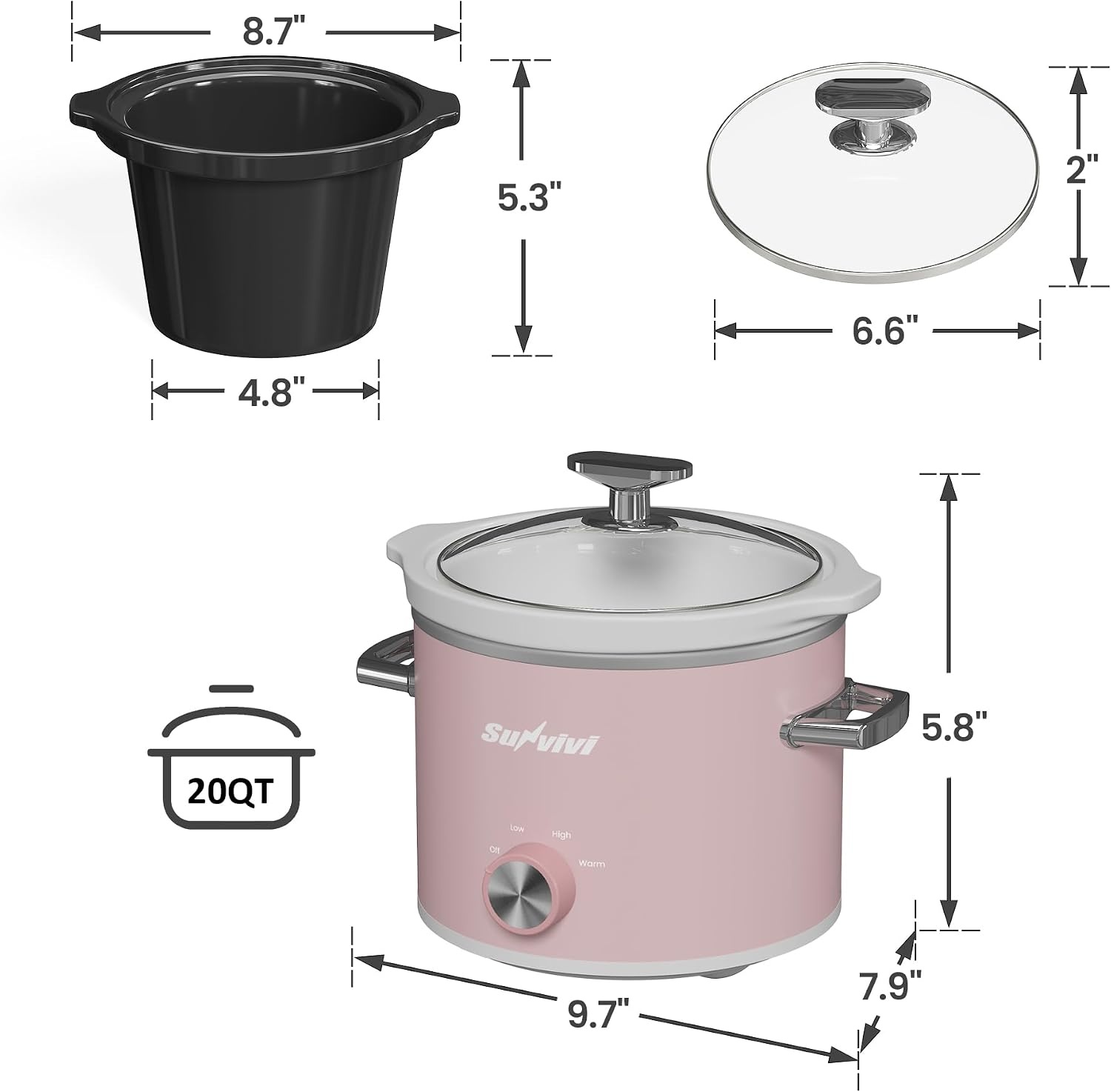 image:imageSunvivi 2 Quart Slow Cooker Small Slow Cooker with Removable Ceramic Pot Slow Cookers Food Warmer with 3 Heating Settings amp Dishwasher Safe Glass Lid GreyPink