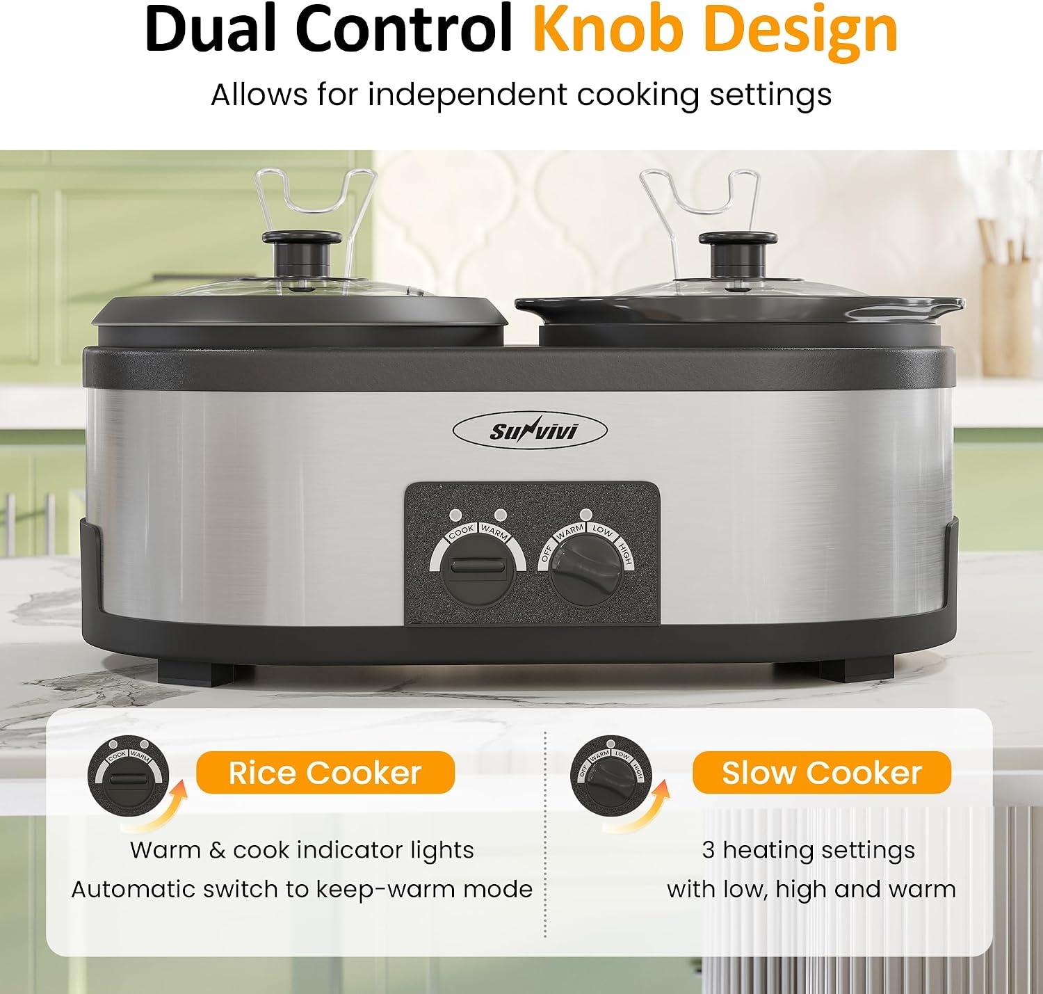 image:imageSunvivi 2 in 1 Slow Cooker and Rice Cooker Slow Cooker with 15 QT Ceramic Pot amp 3 Temps Rice Cooker with 3 Cup NonStick Aluminum Pot amp Indicator Lights Dual Control Knob Stainless Steel
