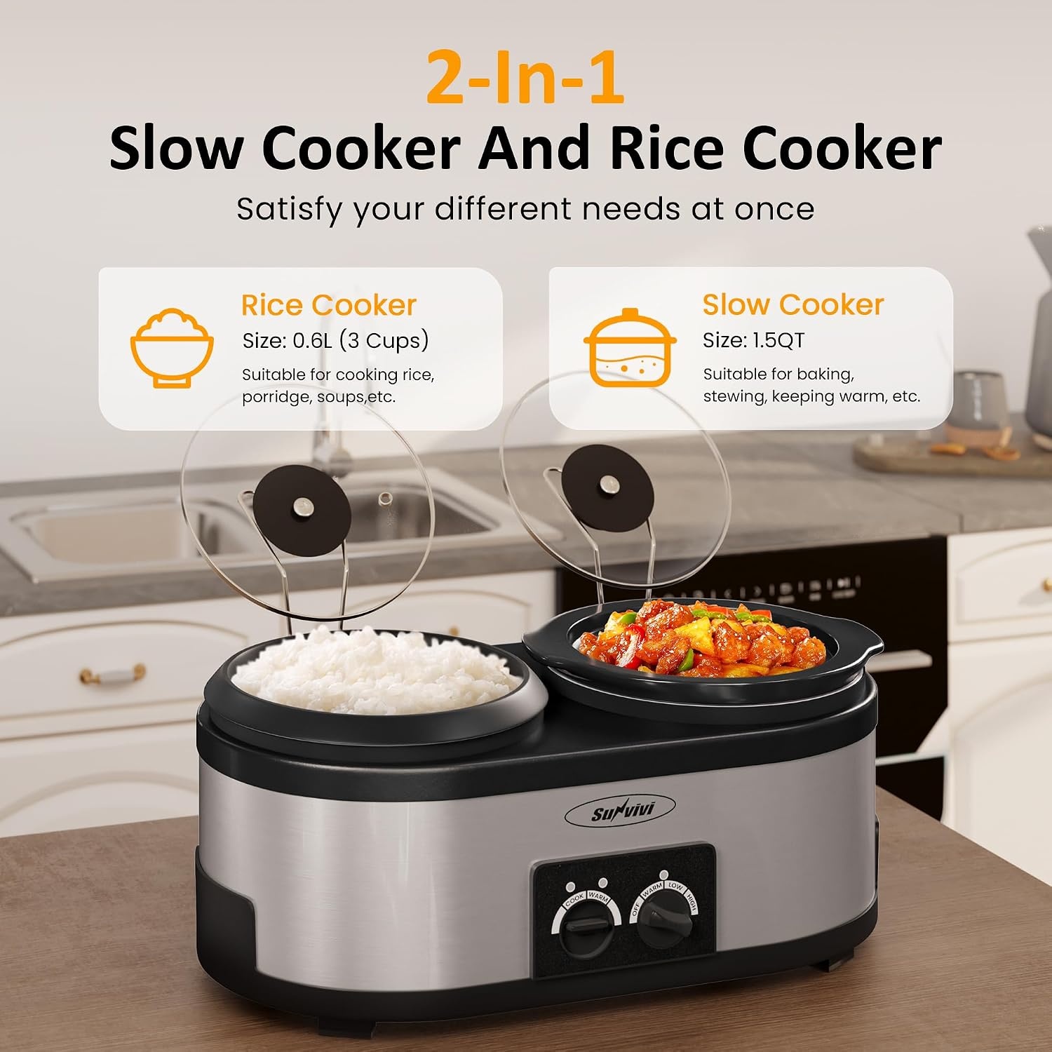 image:imageSunvivi 2 in 1 Slow Cooker and Rice Cooker Slow Cooker with 15 QT Ceramic Pot amp 3 Temps Rice Cooker with 3 Cup NonStick Aluminum Pot amp Indicator Lights Dual Control Knob Stainless Steel