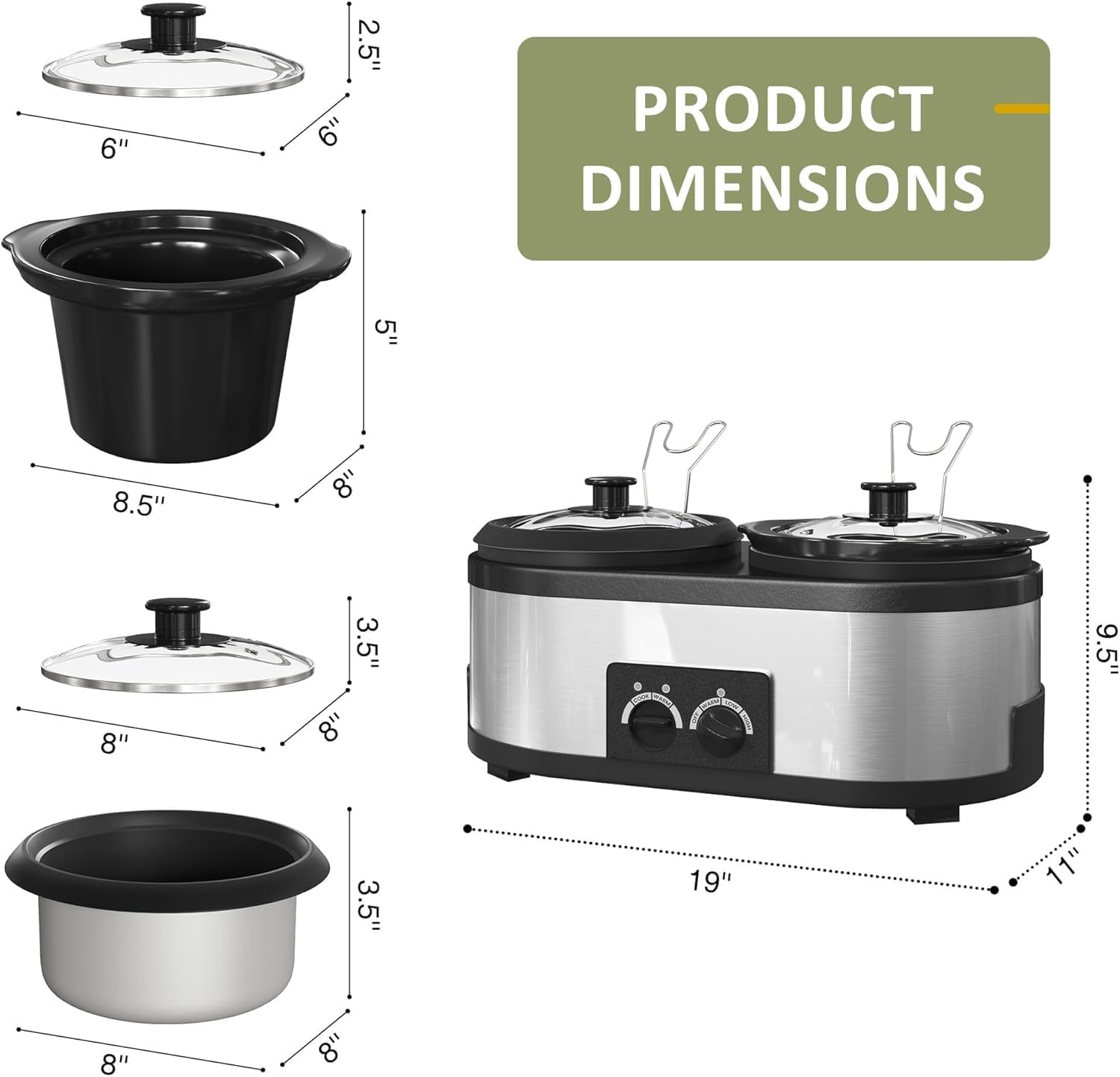 image:imageSunvivi 2 in 1 Slow Cooker and Rice Cooker Slow Cooker with 15 QT Ceramic Pot amp 3 Temps Rice Cooker with 3 Cup NonStick Aluminum Pot amp Indicator Lights Dual Control Knob Stainless Steel