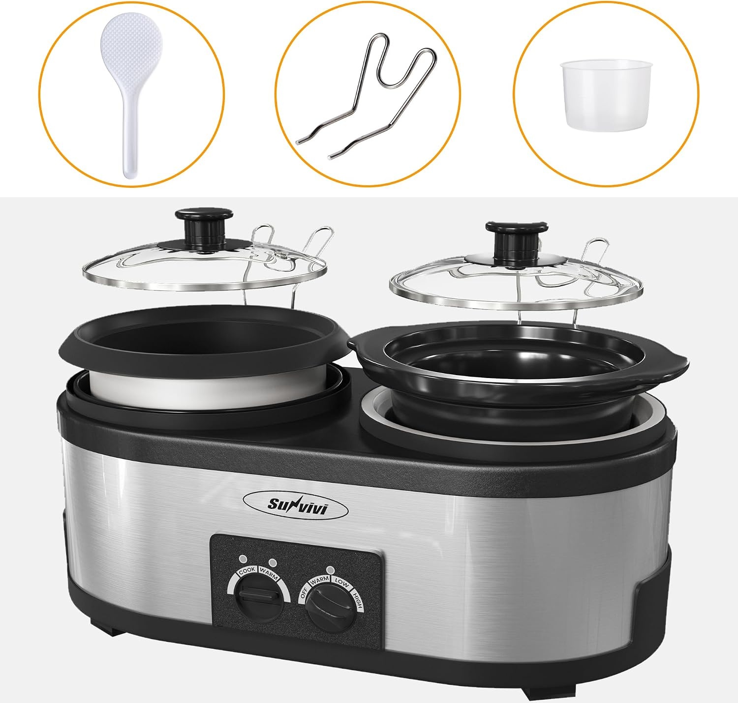 image:imageSunvivi 2 in 1 Slow Cooker and Rice Cooker Slow Cooker with 15 QT Ceramic Pot amp 3 Temps Rice Cooker with 3 Cup NonStick Aluminum Pot amp Indicator Lights Dual Control Knob Stainless Steel