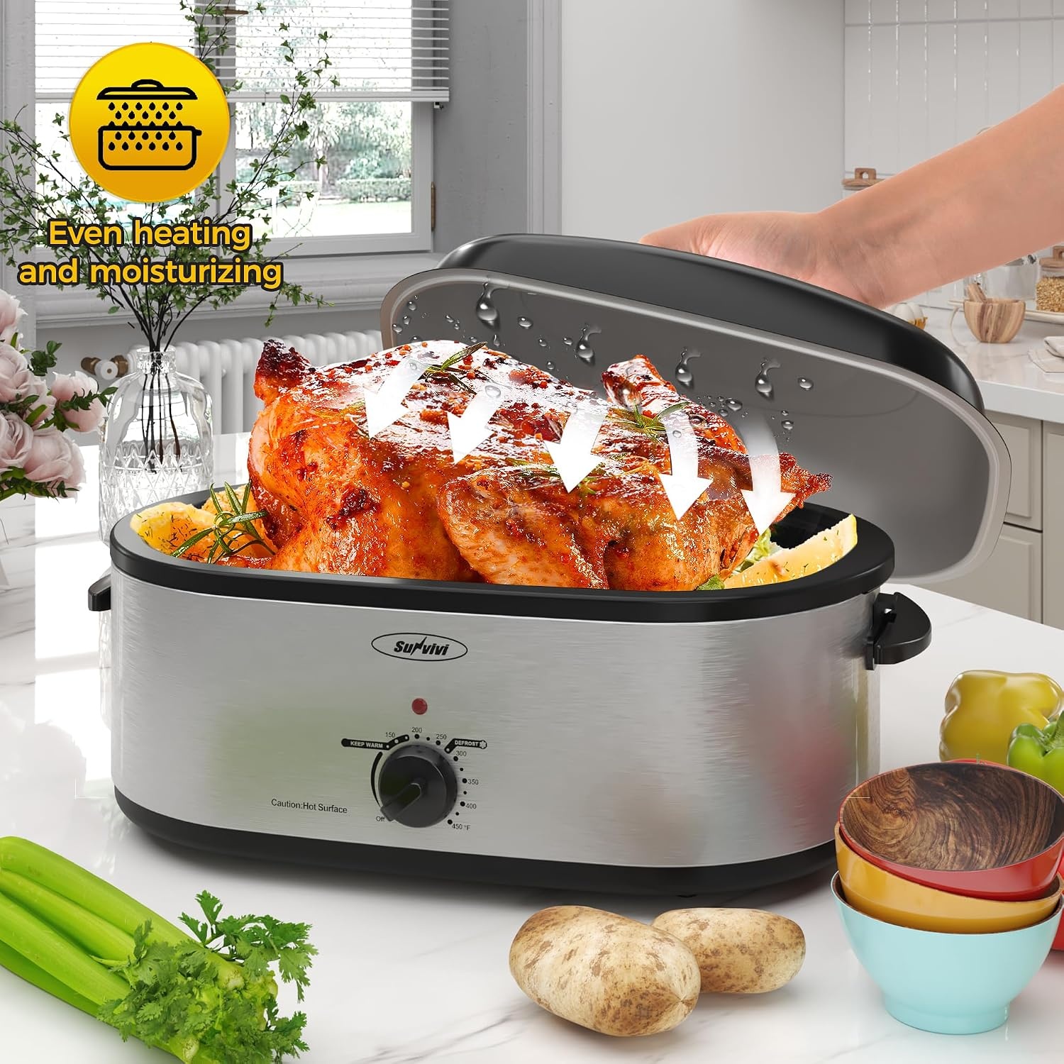 image:imageSunvivi 20 Quart Electric Roaster Oven Turkey Roaster with Lid Electric Roasters with Removable Pan Large Roaster Selfbasting Lid Fast Heating amp Thawwarming Setting Silver