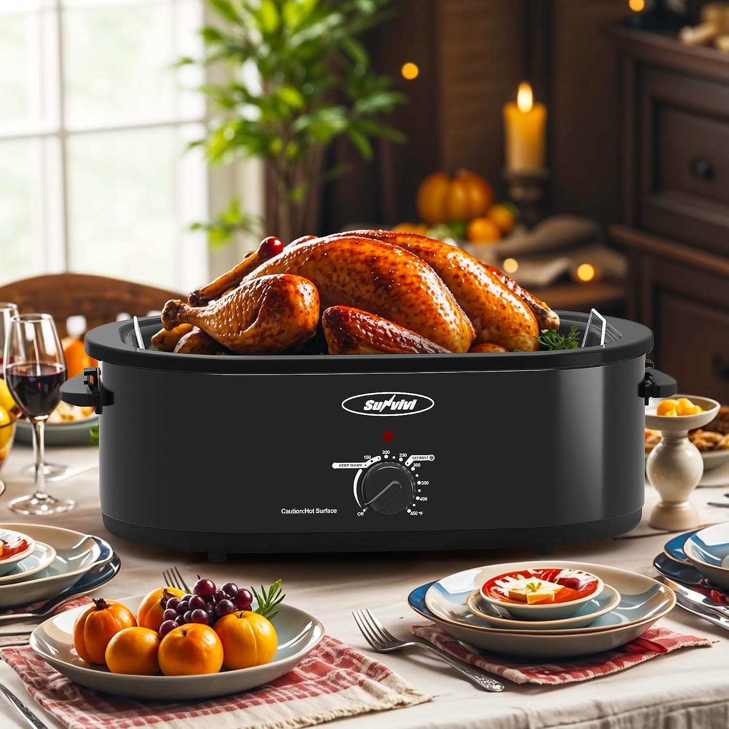 image:imageSunvivi 20Quart Roaster Oven with SelfBasting Lid Electric Turkey Roaster Oven with Removable Pan and Rack Stainless Steel BlackBlack