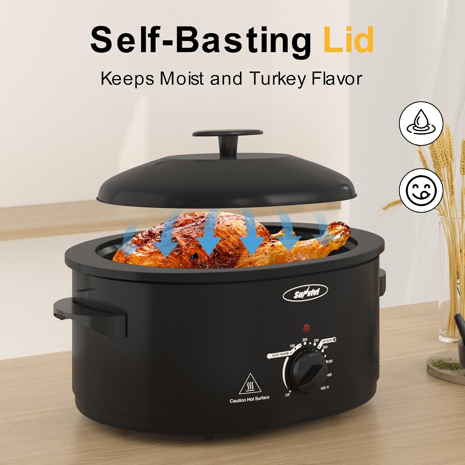 image:imageSunvivi 20Quart Roaster Oven with SelfBasting Lid Electric Turkey Roaster Oven with Removable Pan and Rack Stainless Steel BlackBlack