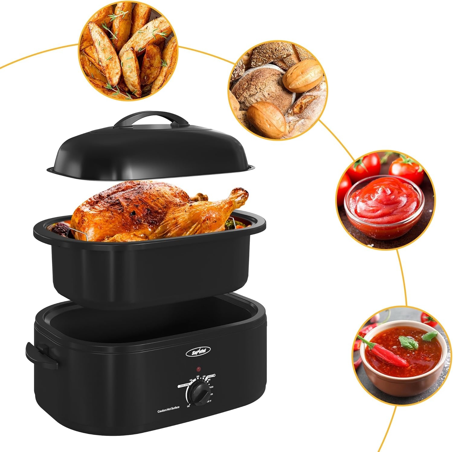 image:imageSunvivi 20Quart Roaster Oven with SelfBasting Lid Electric Turkey Roaster Oven with Removable Pan and Rack Stainless Steel BlackBlack