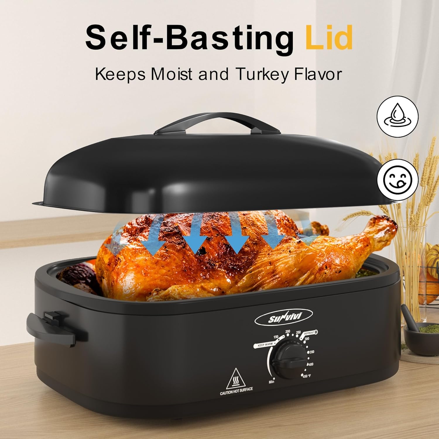 image:imageSunvivi 20Quart Roaster Oven with SelfBasting Lid Electric Turkey Roaster Oven with Removable Pan and Rack Stainless Steel BlackBlack