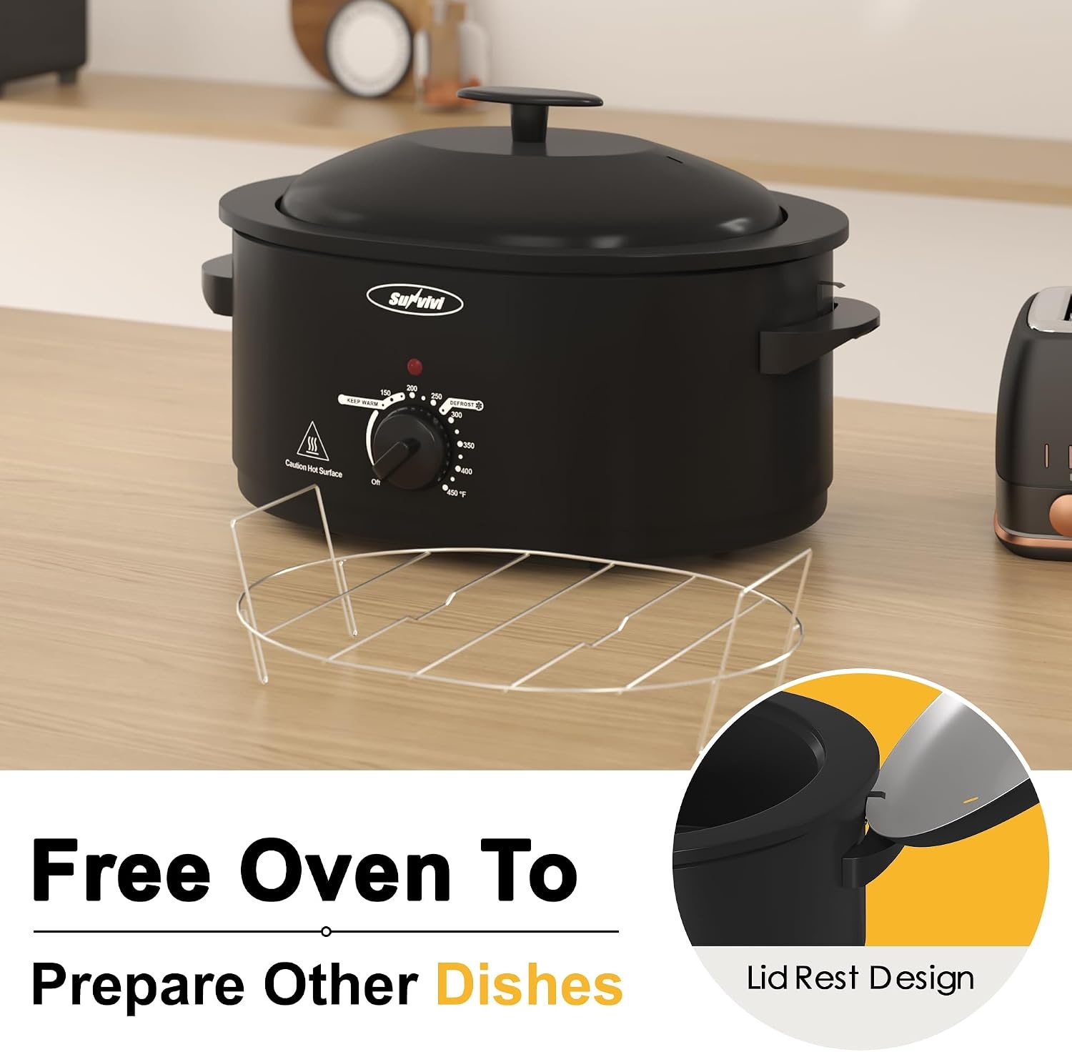 image:imageSunvivi 20Quart Roaster Oven with SelfBasting Lid Electric Turkey Roaster Oven with Removable Pan and Rack Stainless Steel BlackBlack