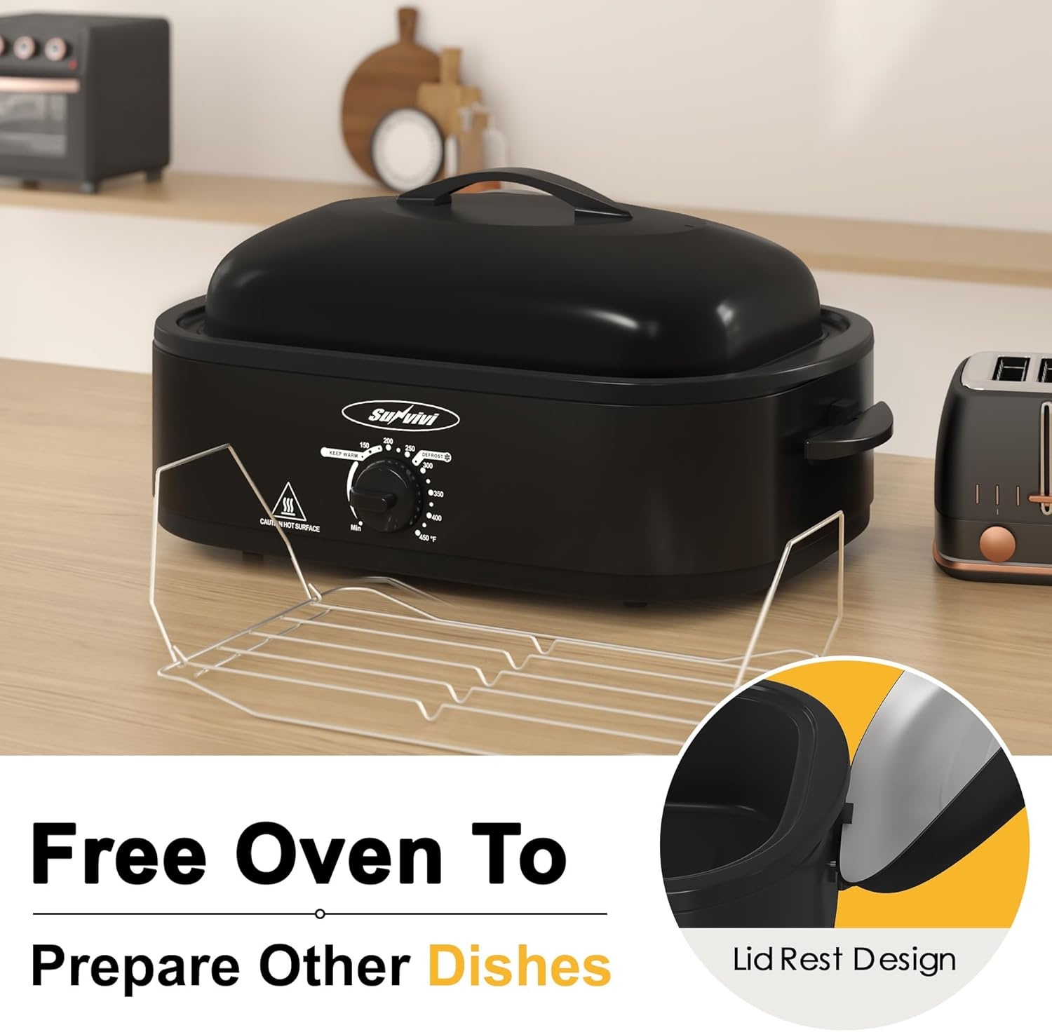 image:imageSunvivi 20Quart Roaster Oven with SelfBasting Lid Electric Turkey Roaster Oven with Removable Pan and Rack Stainless Steel BlackBlack